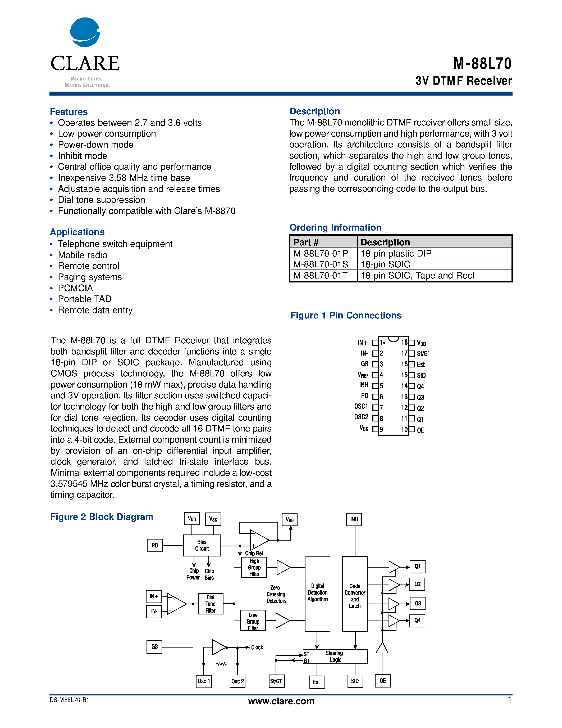 Datasheet M-88L70 - 3V DTMF Receiver page 1