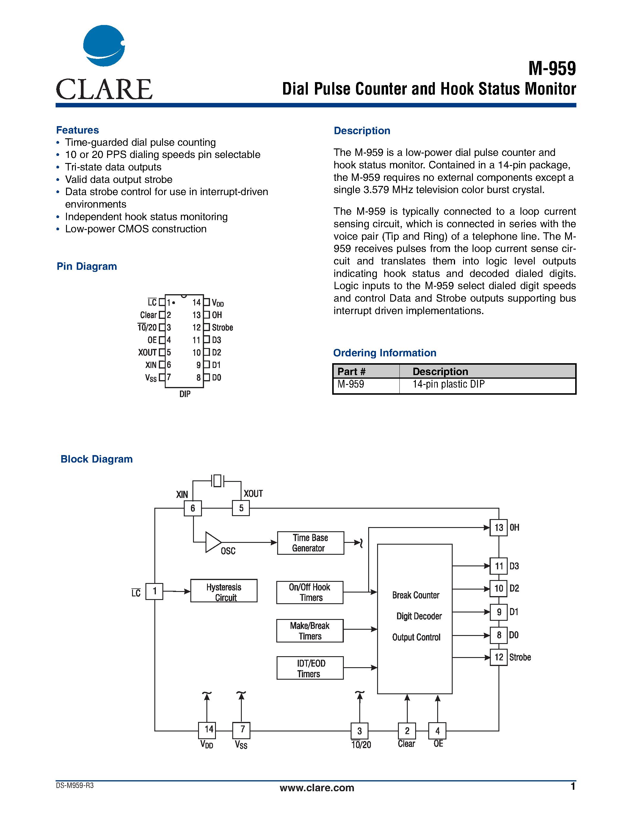 Datasheet M-959 - Dial Pulse Counter and Hook Status Monitor page 1