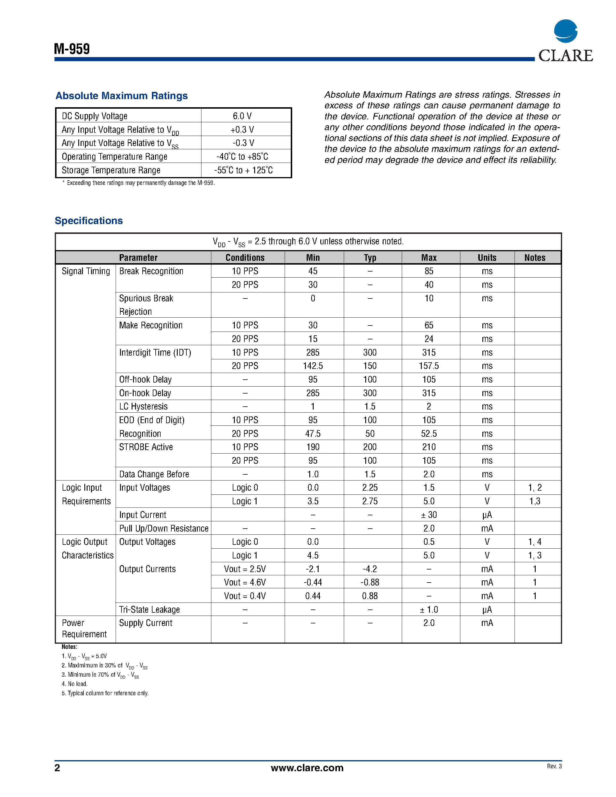 Datasheet M-959 - Dial Pulse Counter and Hook Status Monitor page 2