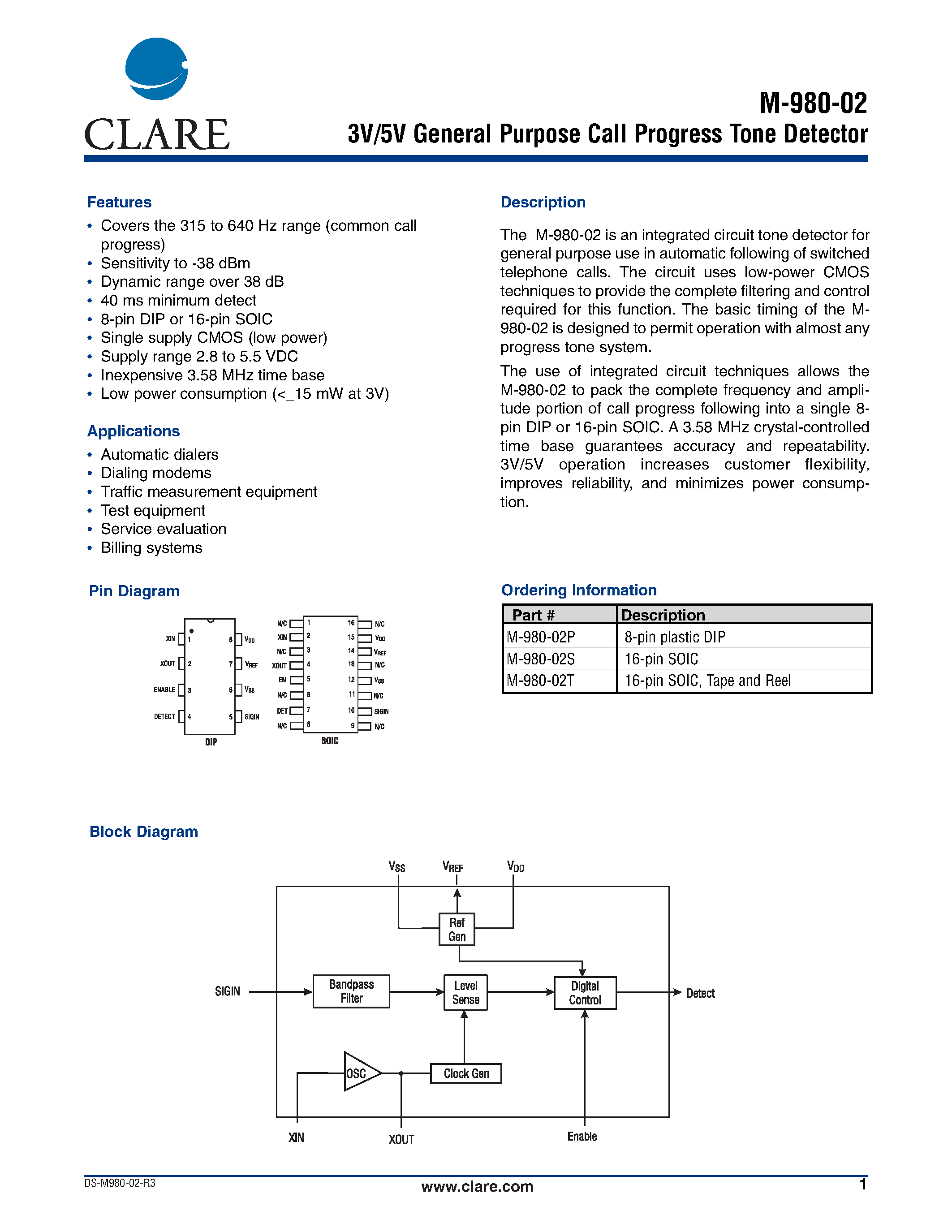Datasheet M-980-02P - 3V/5V General Purpose Call Progress Tone Detector page 1
