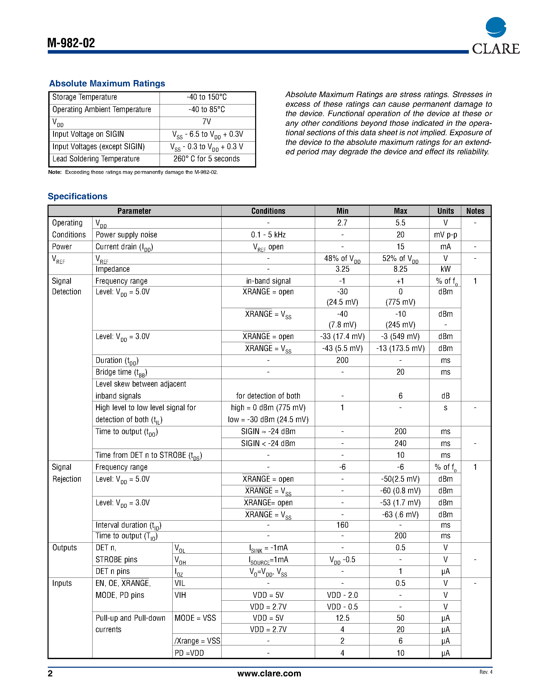 Datasheet M-982-02 - Precise Call Progress Tone Detector page 2