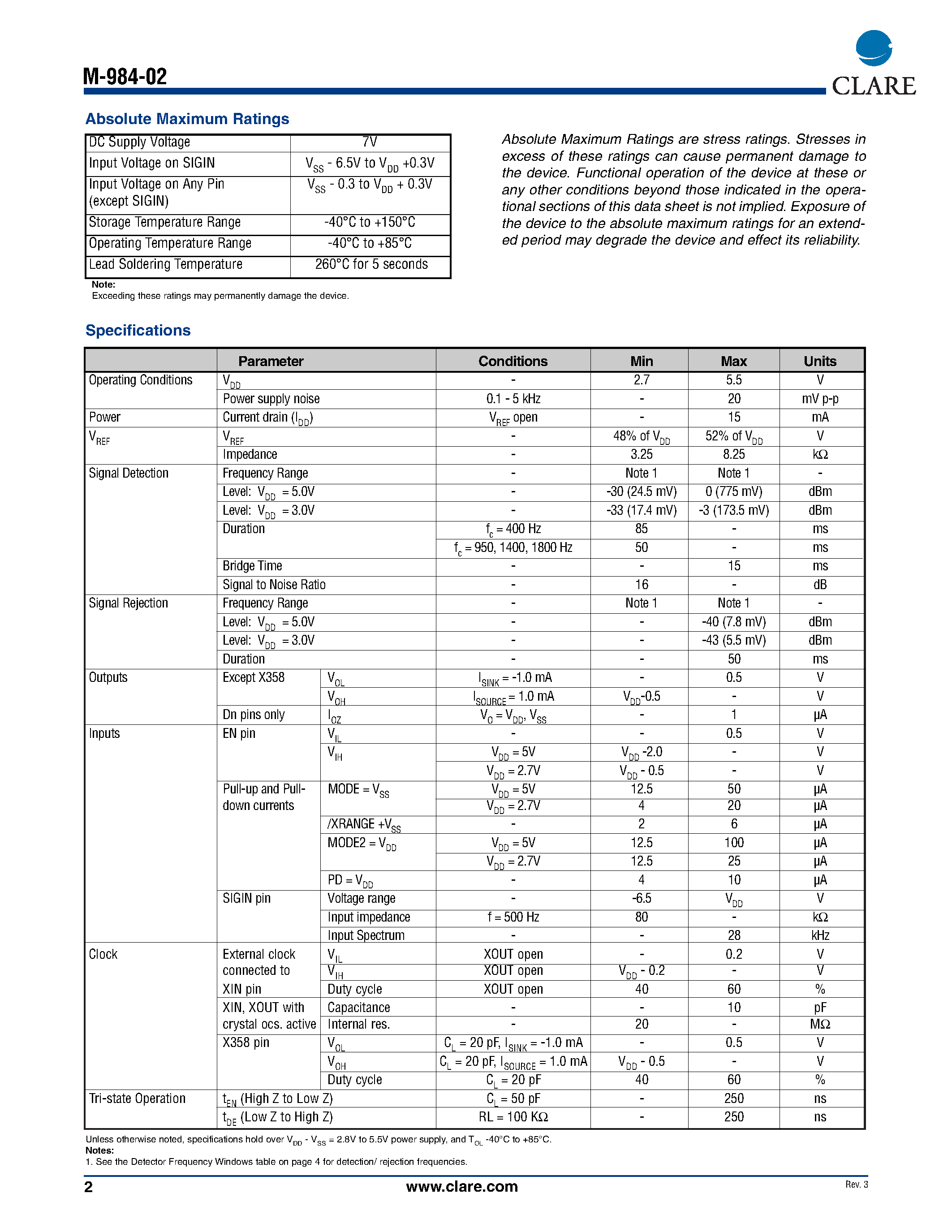 Datasheet M-984-02 - Special Information Tone Detector page 2