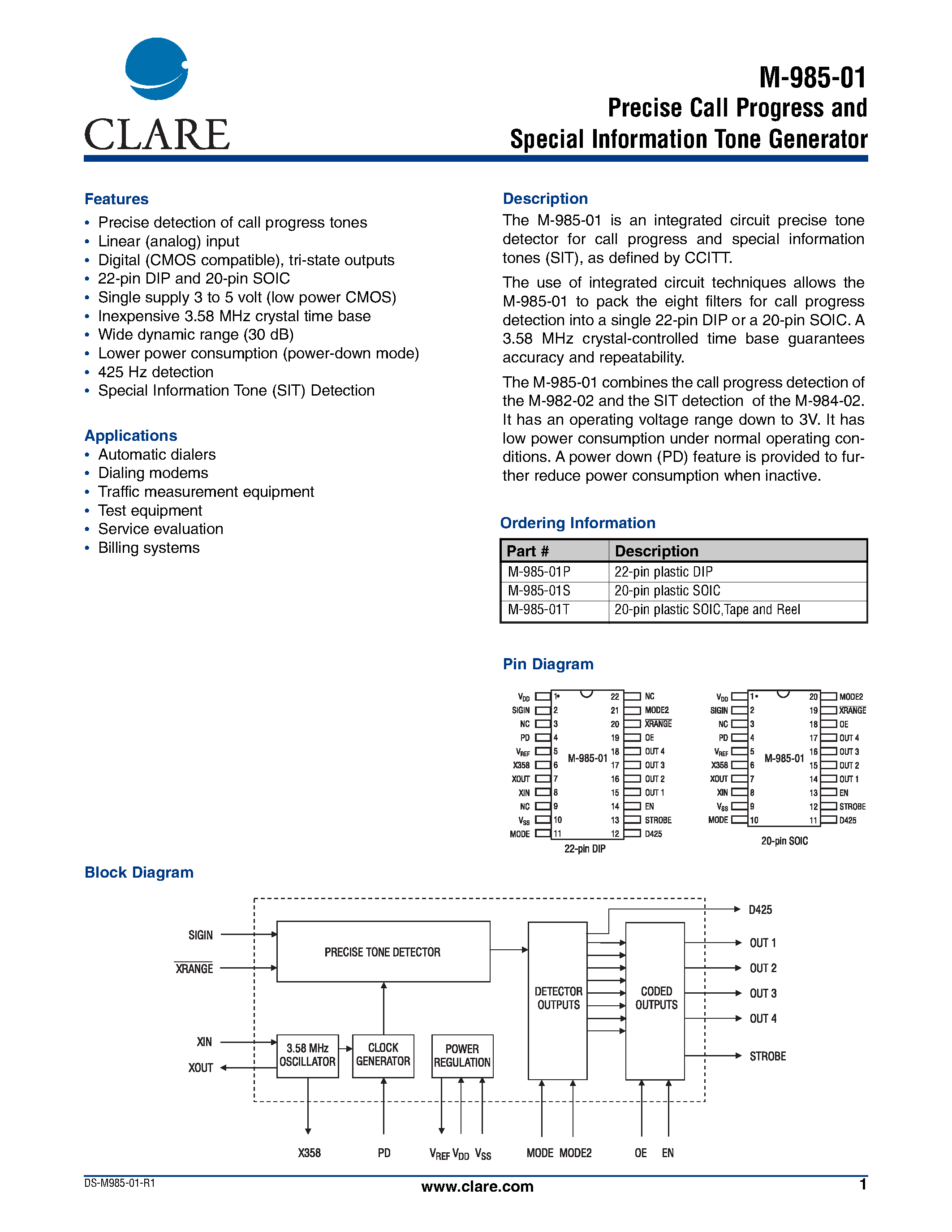 Даташит M-985-01 - Precise Call Progress and Special Information Tone Generator страница 1