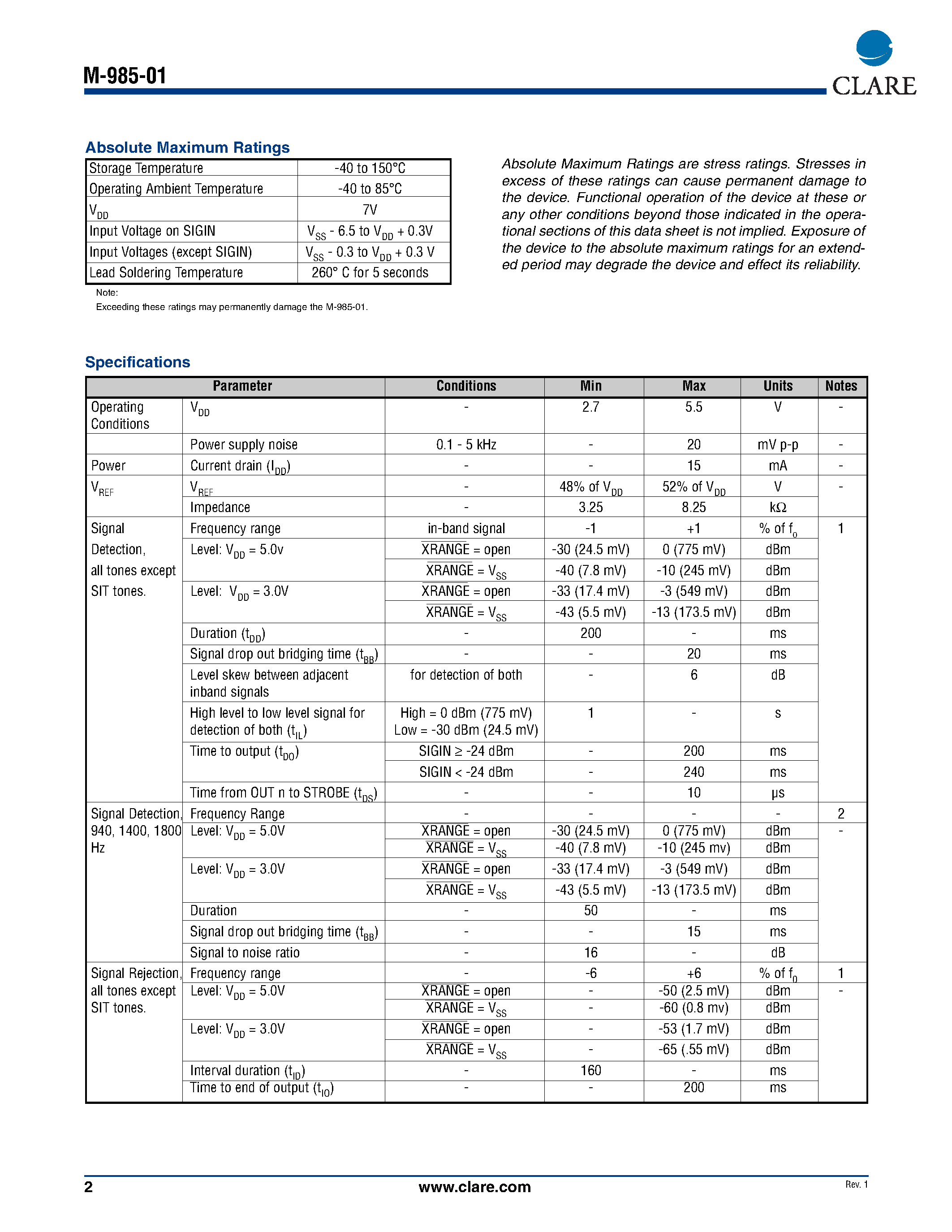 Datasheet M-985-01 - Precise Call Progress and Special Information Tone Generator page 2