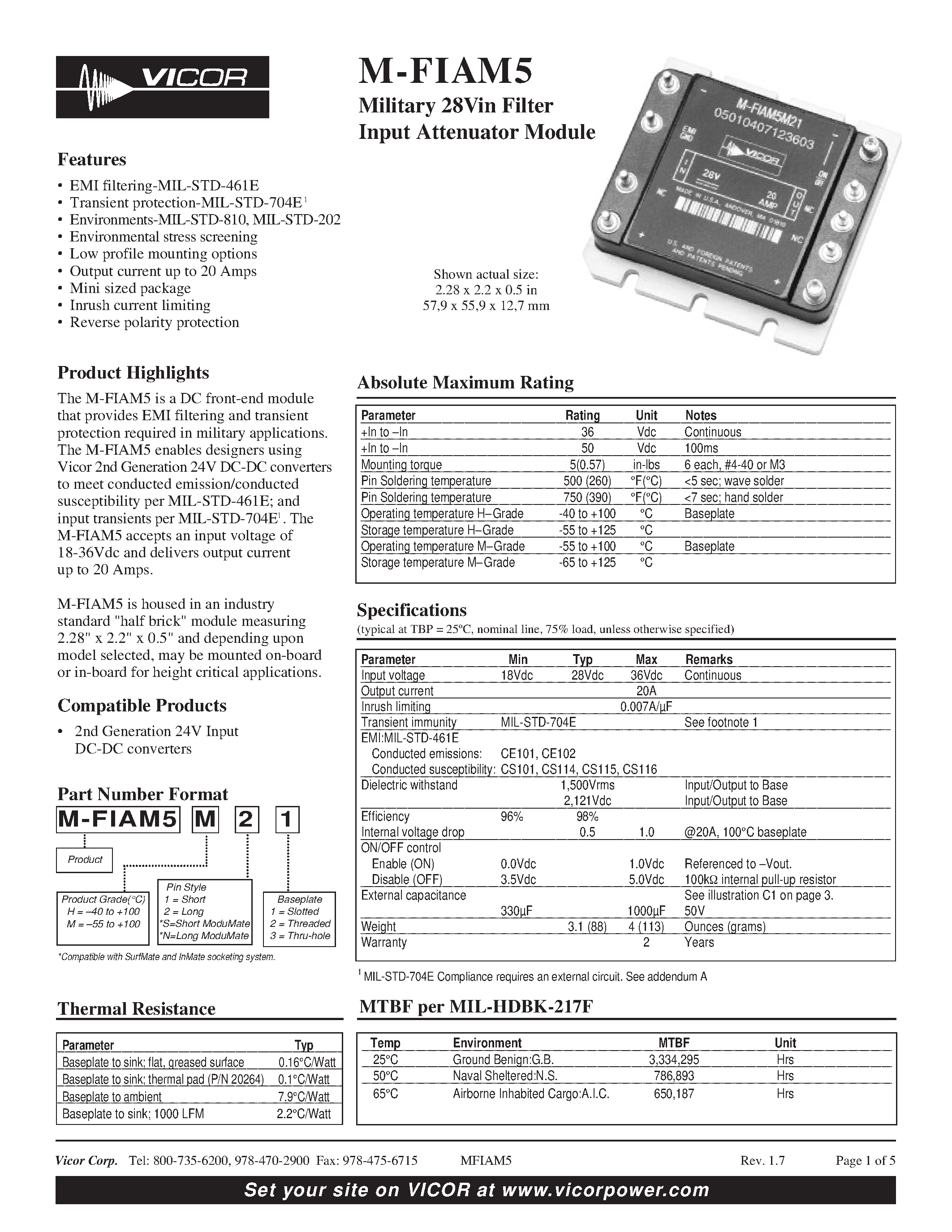 Datasheet M-FIAM5M11 - Military 28Vin Filter Input Attenuator Module page 1