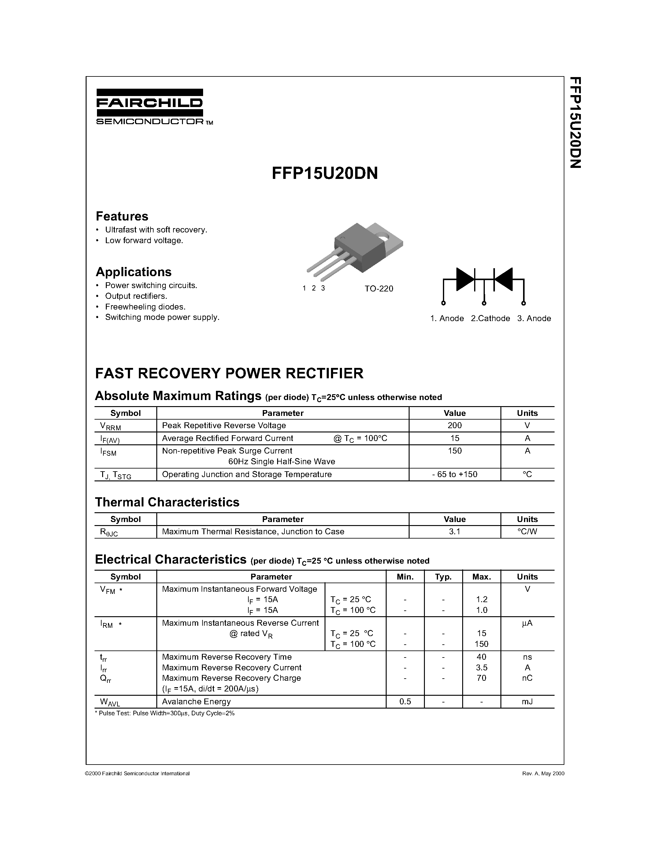 Datasheet FFP15U20DN - FAST RECOVERY POWER RECTIFIER page 1