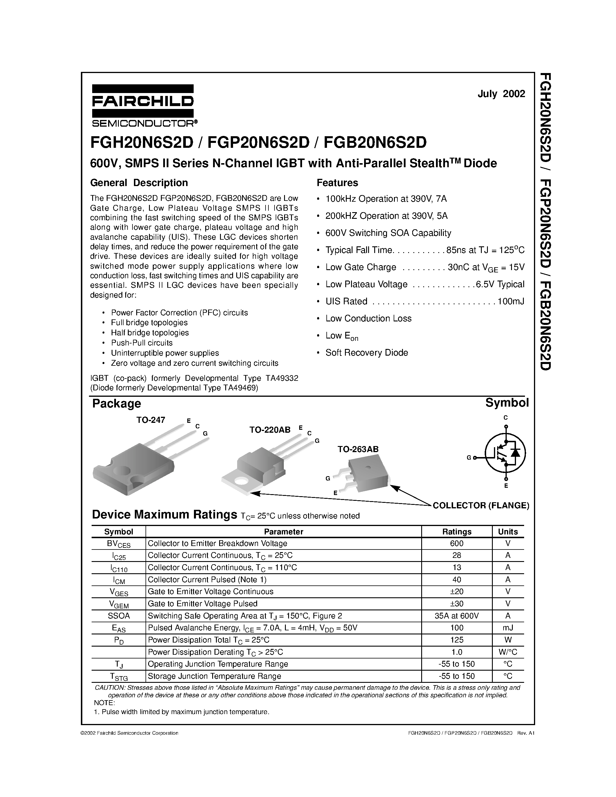 Datasheet FGB20N6S2D - 600V/ SMPS II Series N-Channel IGBT with Anti-Parallel StealthTM Diode page 1