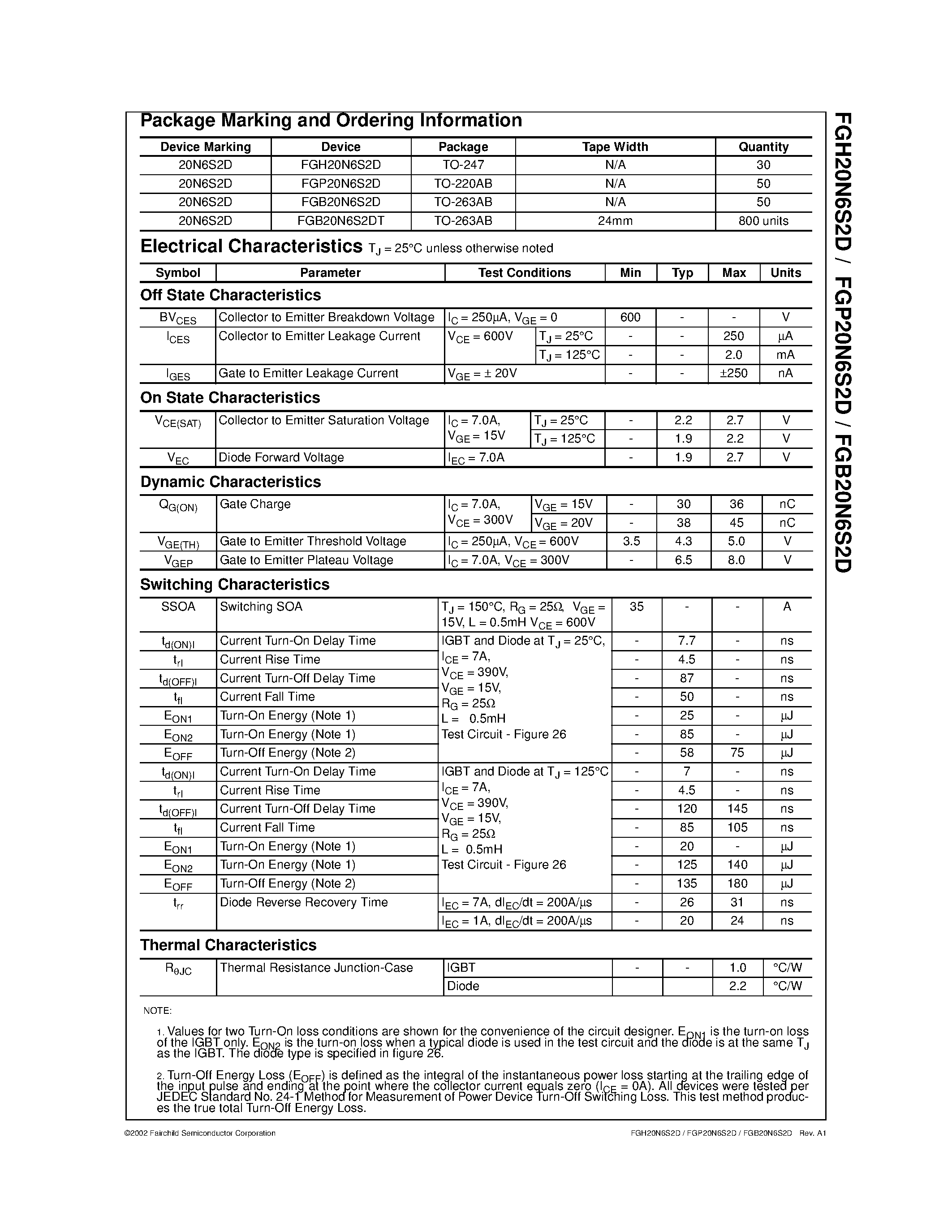 Datasheet FGB20N6S2D - 600V/ SMPS II Series N-Channel IGBT with Anti-Parallel StealthTM Diode page 2