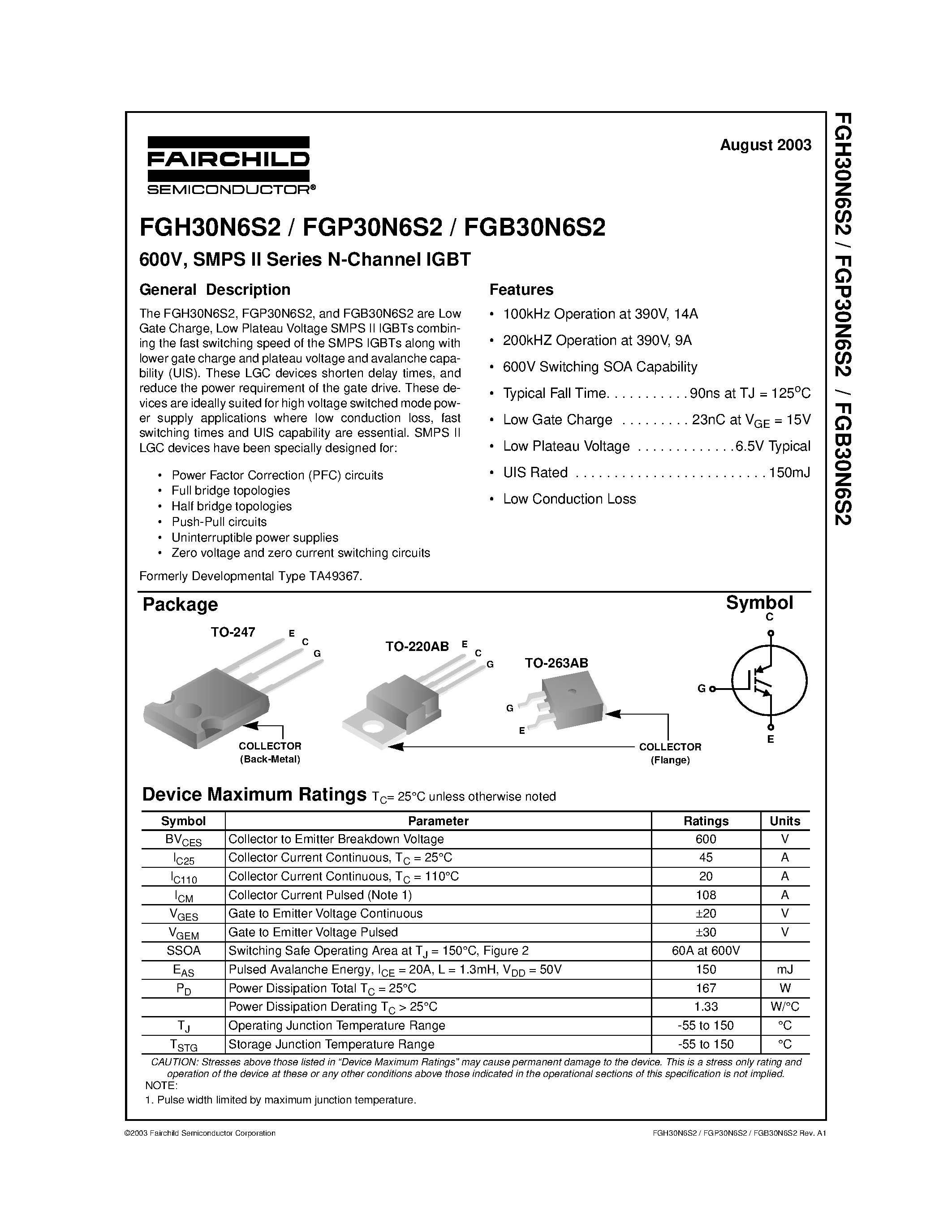 Datasheet FGB30N6S2 - 600V/ SMPS II Series N-Channel IGBT page 1