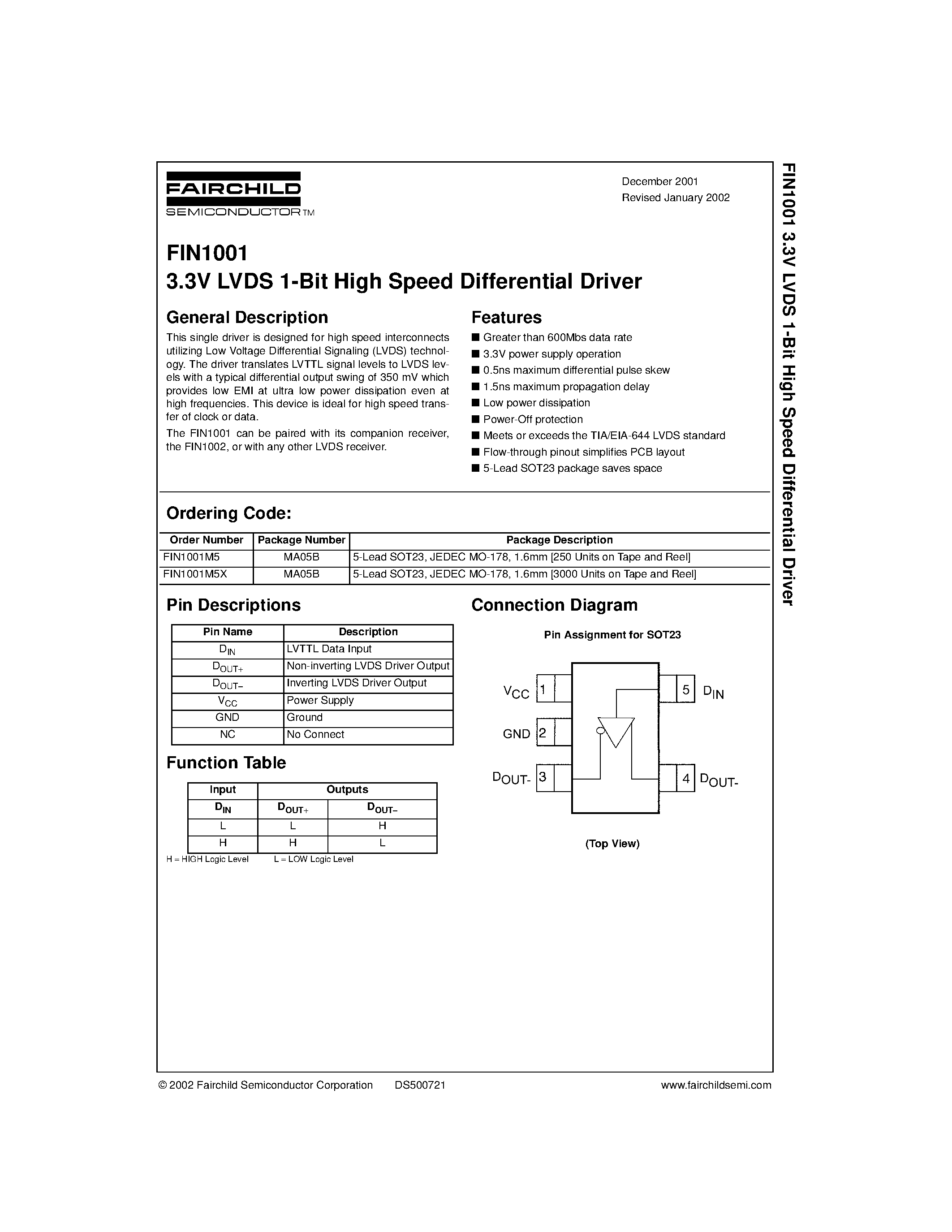 Datasheet FIN1001M5X - 3.3V LVDS 1-Bit High Speed Differential Driver page 1