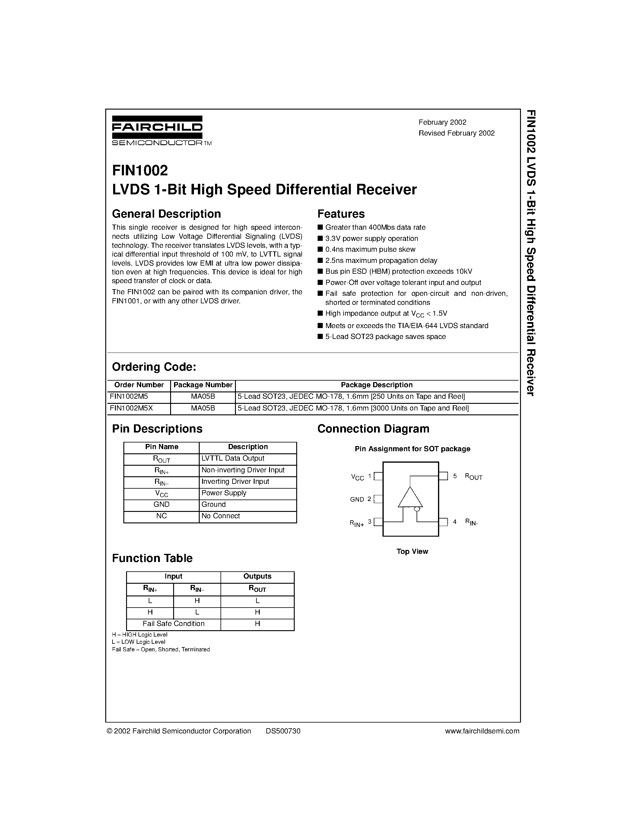 Datasheet FIN1002 - LVDS 1-Bit High Speed Differential Receiver page 1