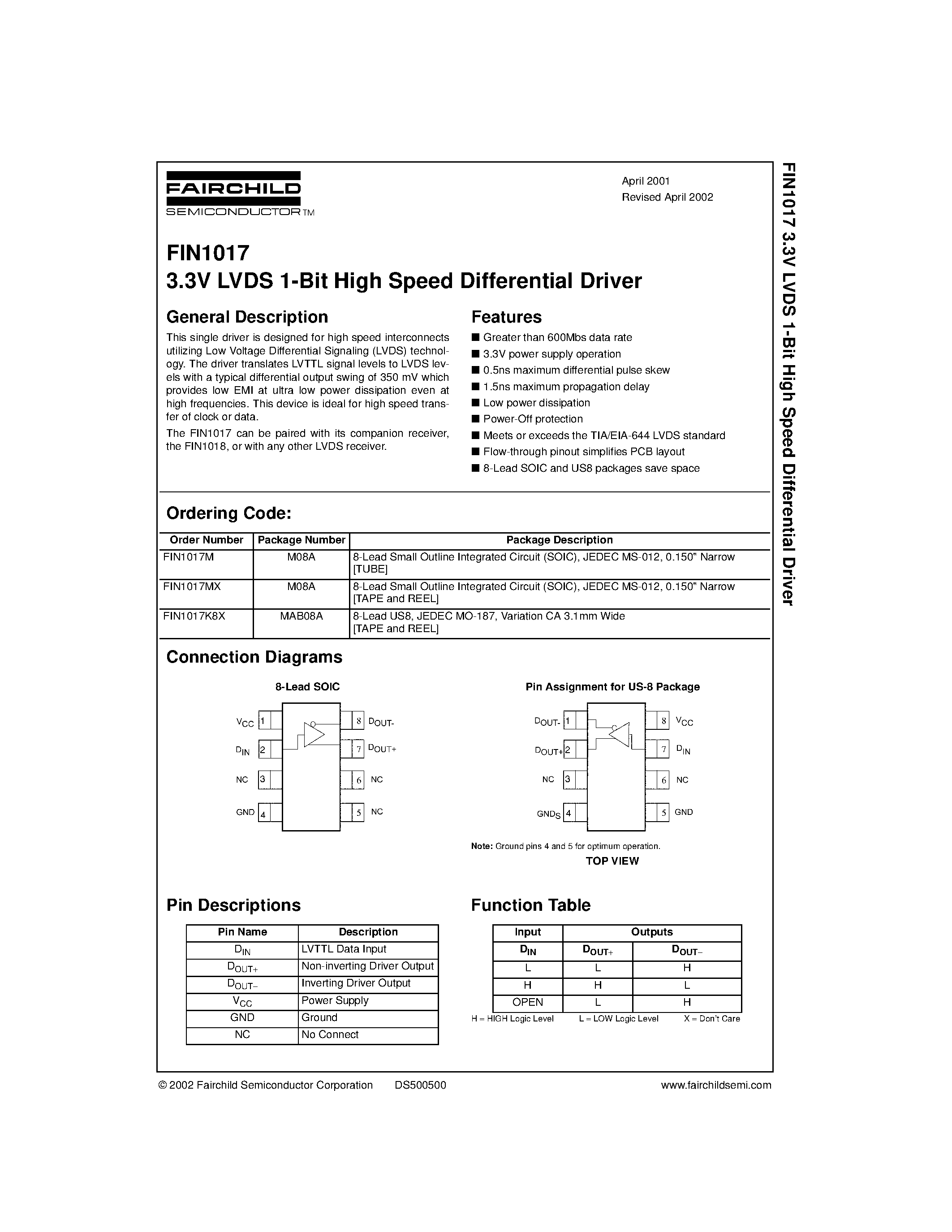 Datasheet FIN1017K8X - 3.3V LVDS 1-Bit High Speed Differential Driver page 1