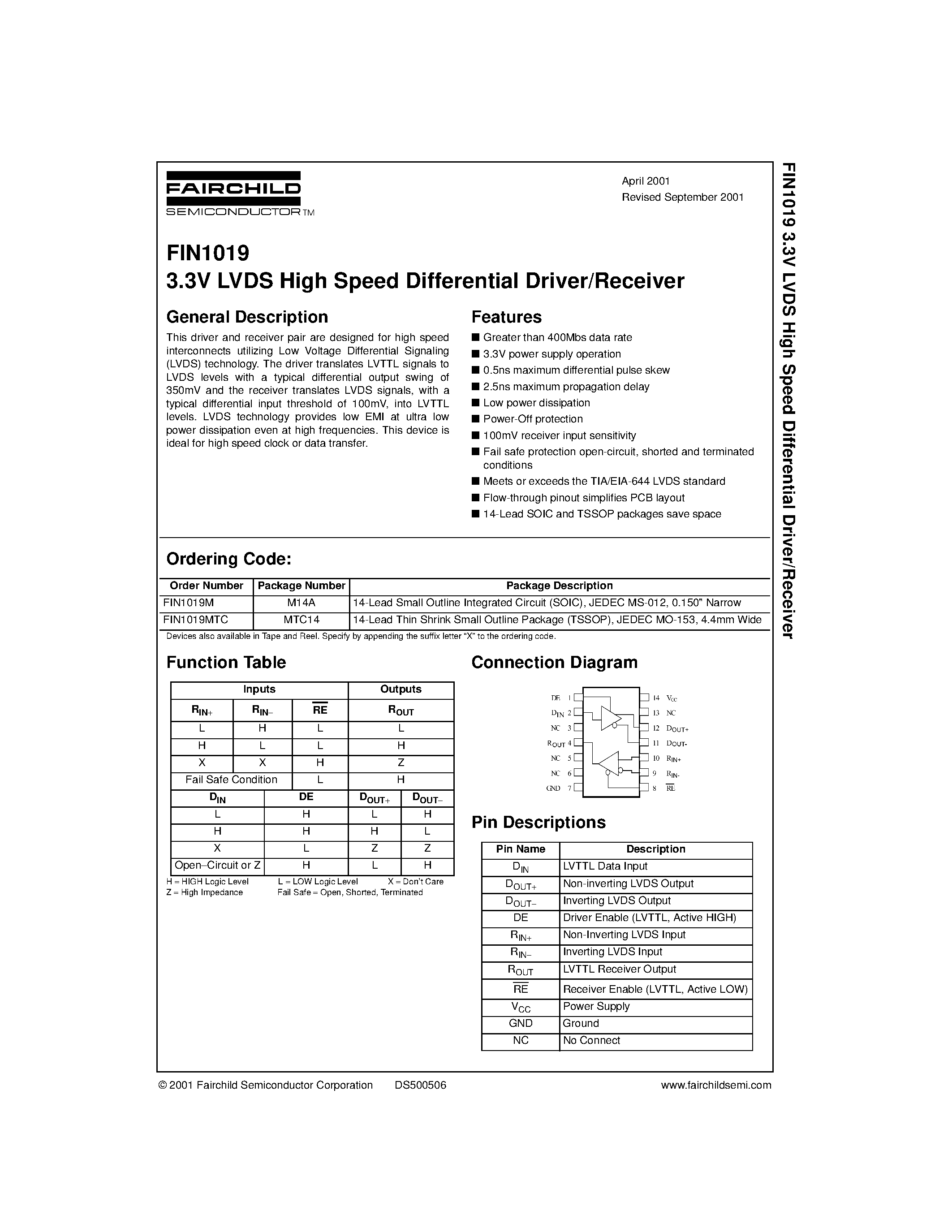 Datasheet FIN1019 - 3.3V LVDS High Speed Differential Driver/Receiver page 1