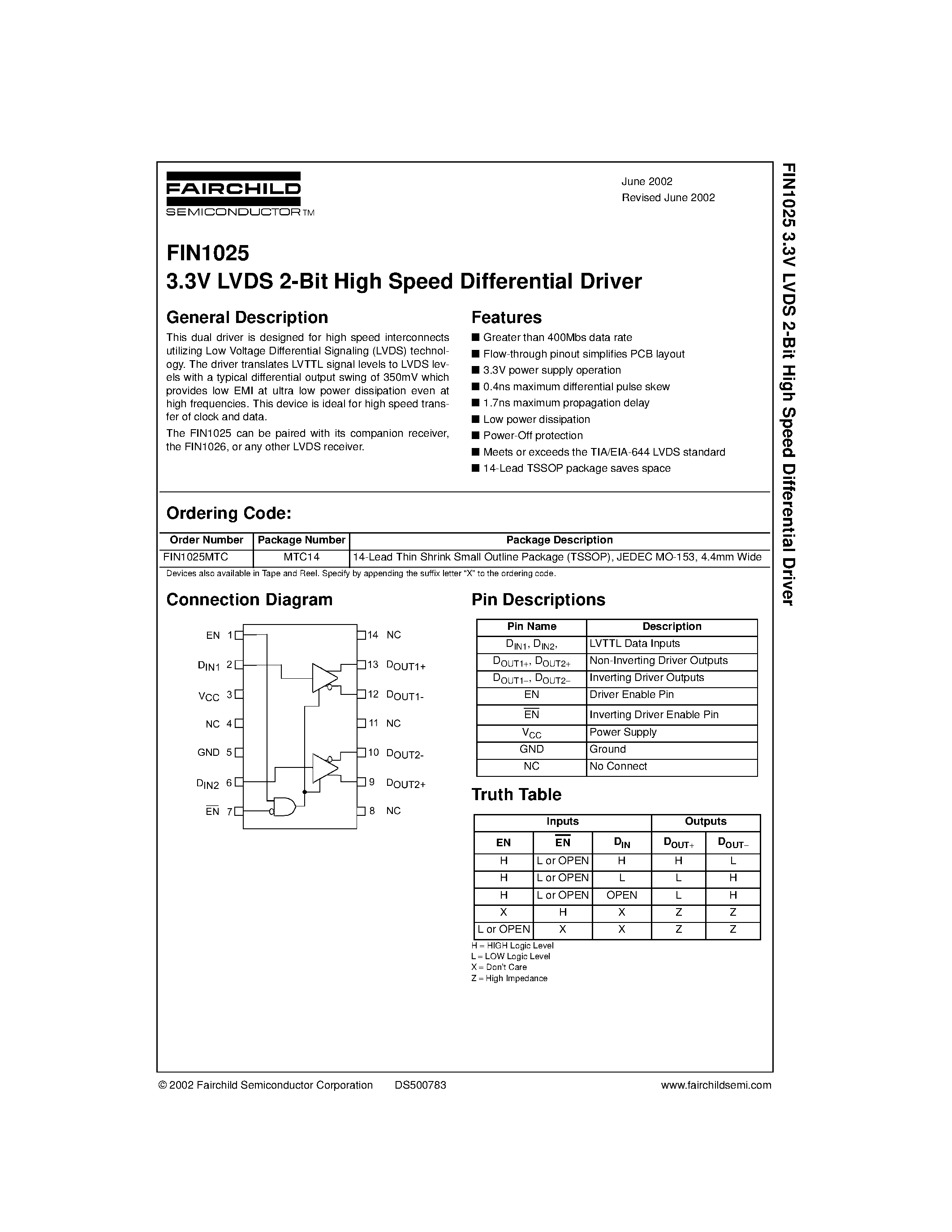 Datasheet FIN1025MTC - 3.3V LVDS 2-Bit High Speed Differential Driver page 1