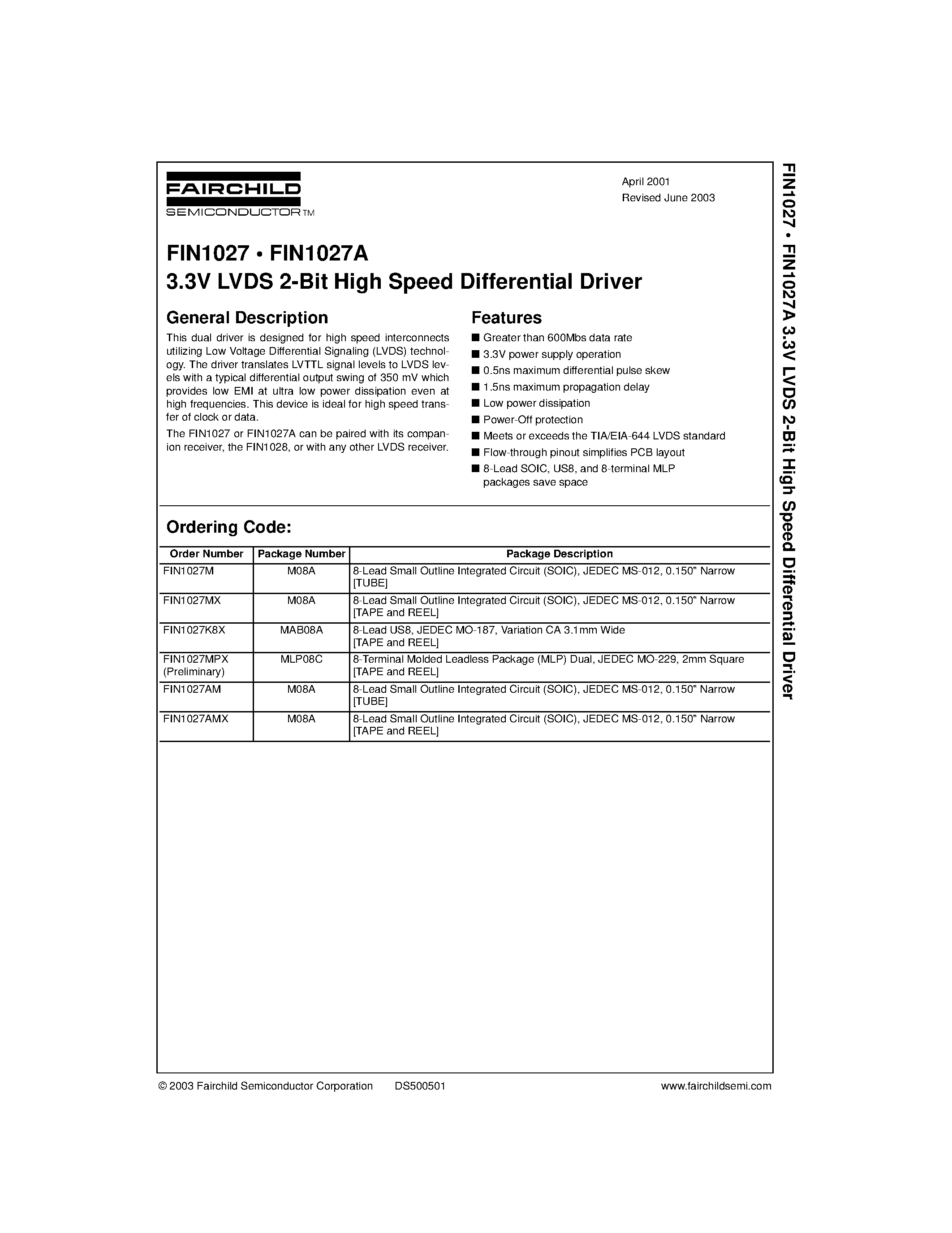 Datasheet FIN1027MPX - 3.3V LVDS 2-Bit High Speed Differential Driver page 1