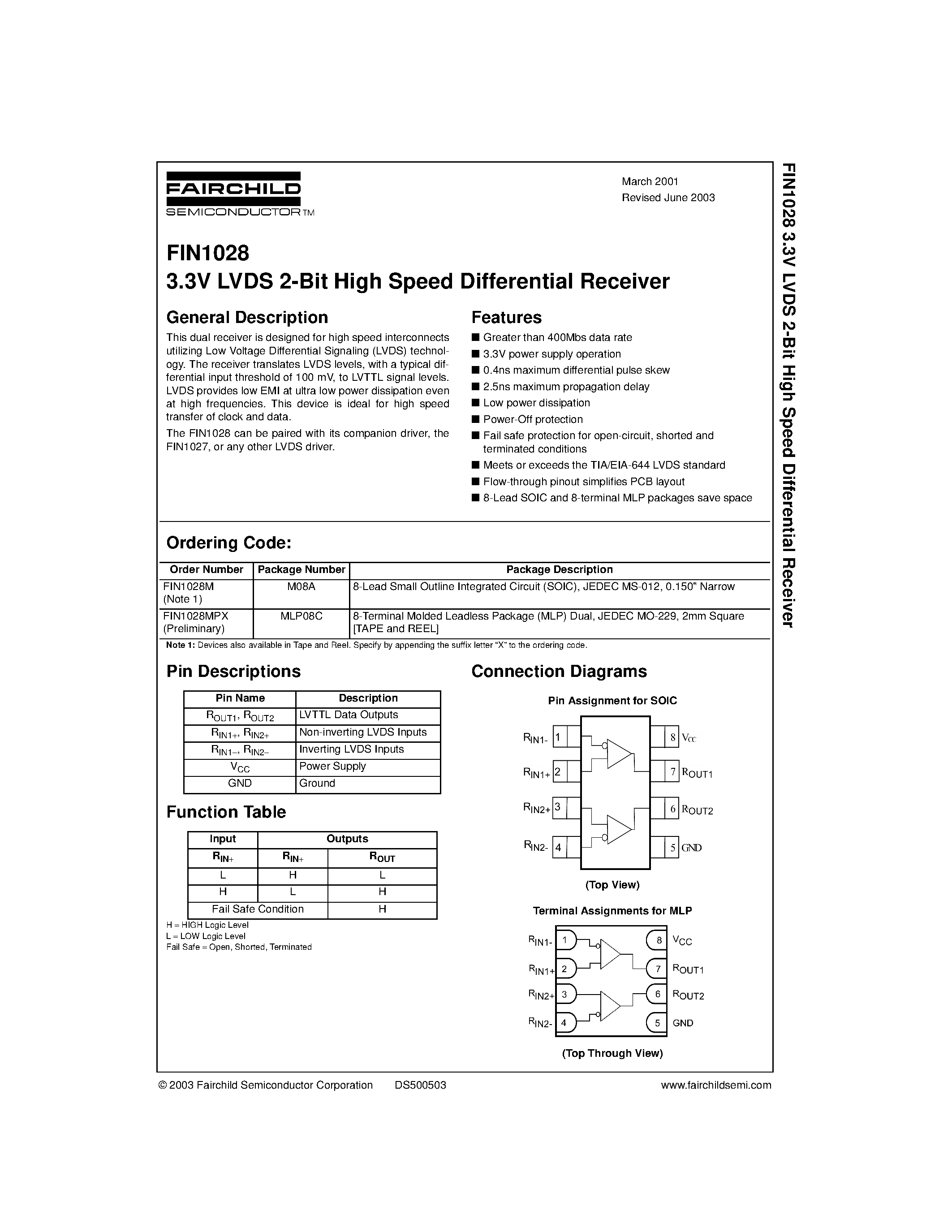Даташит FIN1028 - 3.3V LVDS 2-Bit High Speed Differential Receiver страница 1