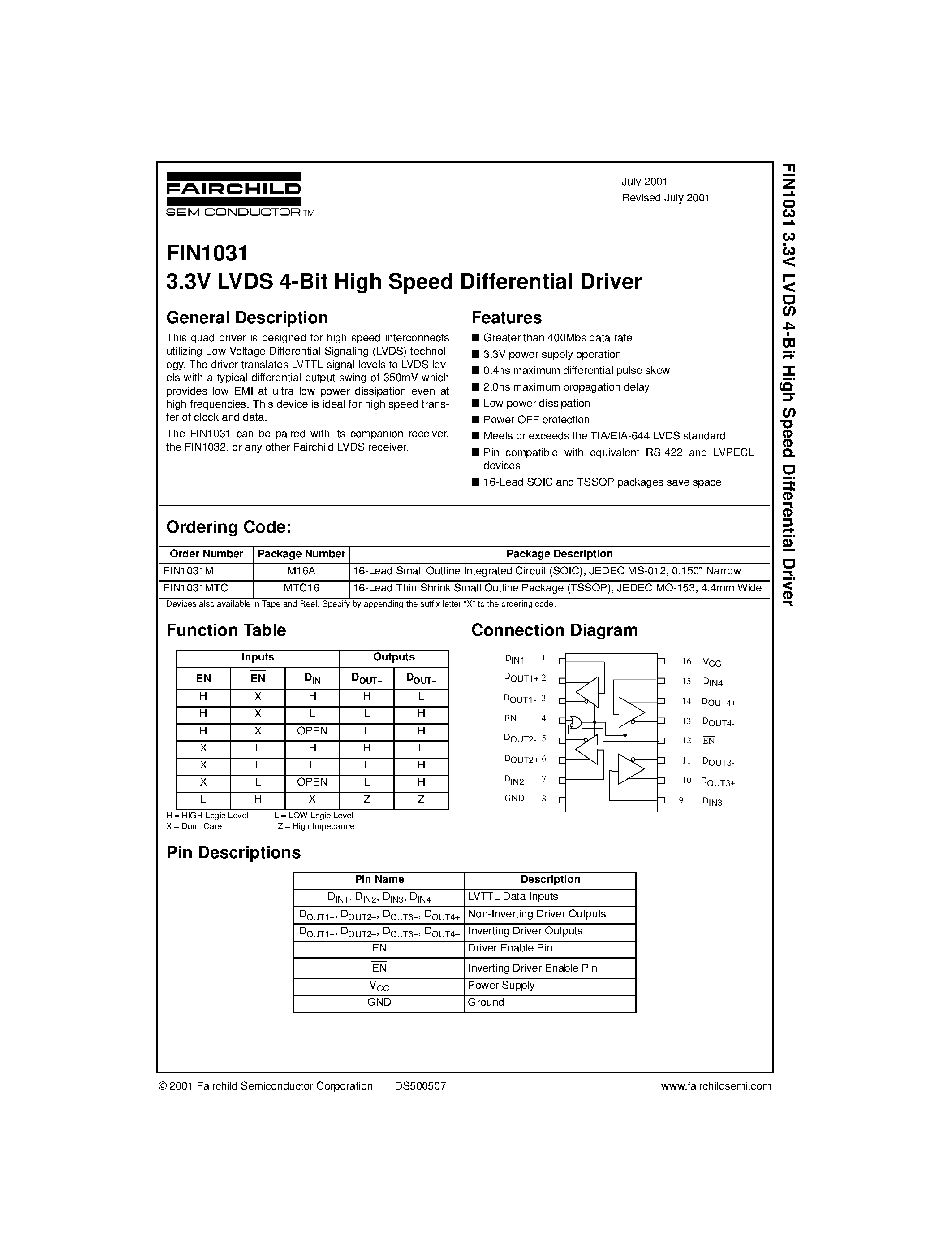 Datasheet FIN1031 - 3.3V LVDS 4-Bit High Speed Differential Driver page 1