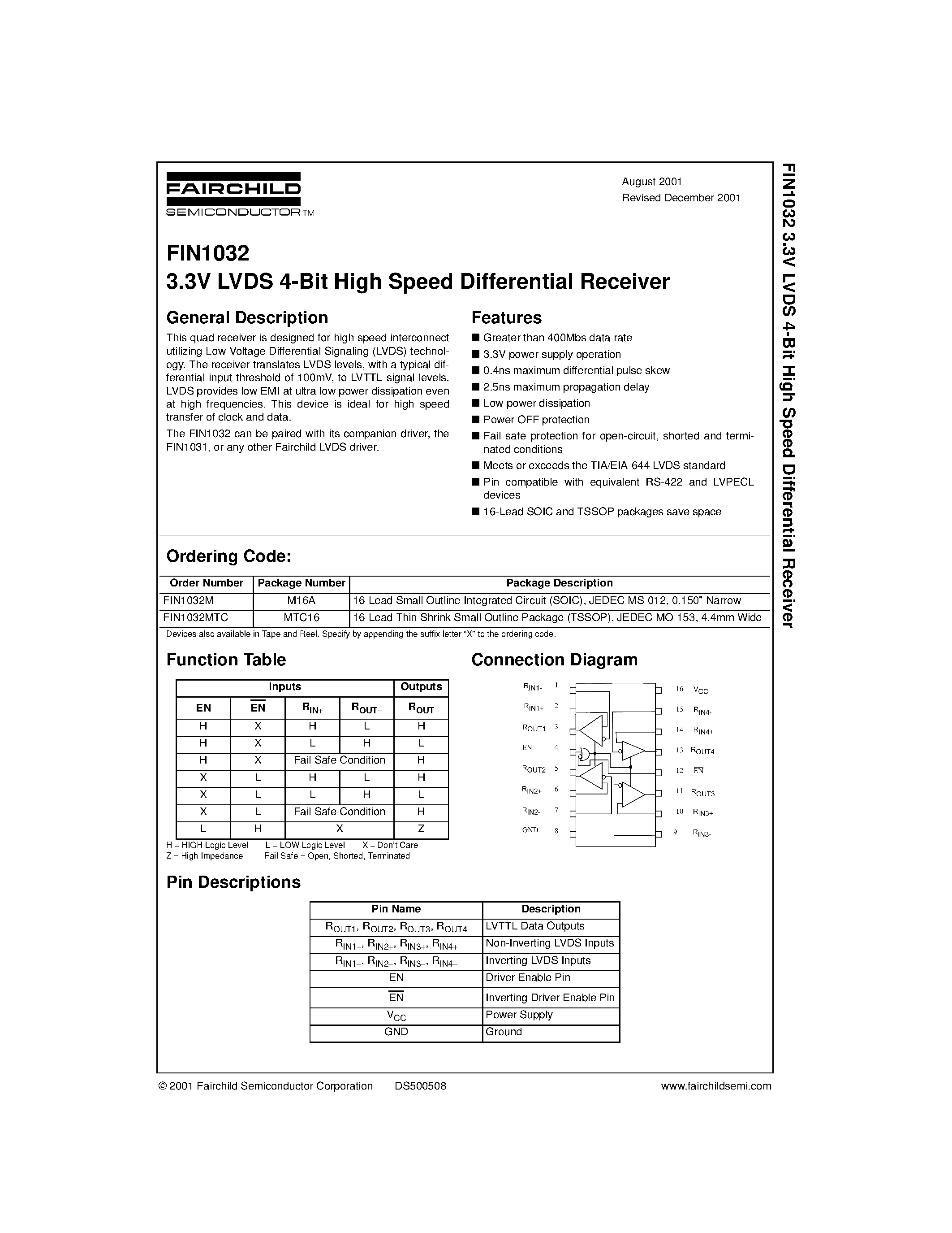 Datasheet FIN1032 - 3.3V LVDS 4-Bit High Speed Differential Receiver page 1