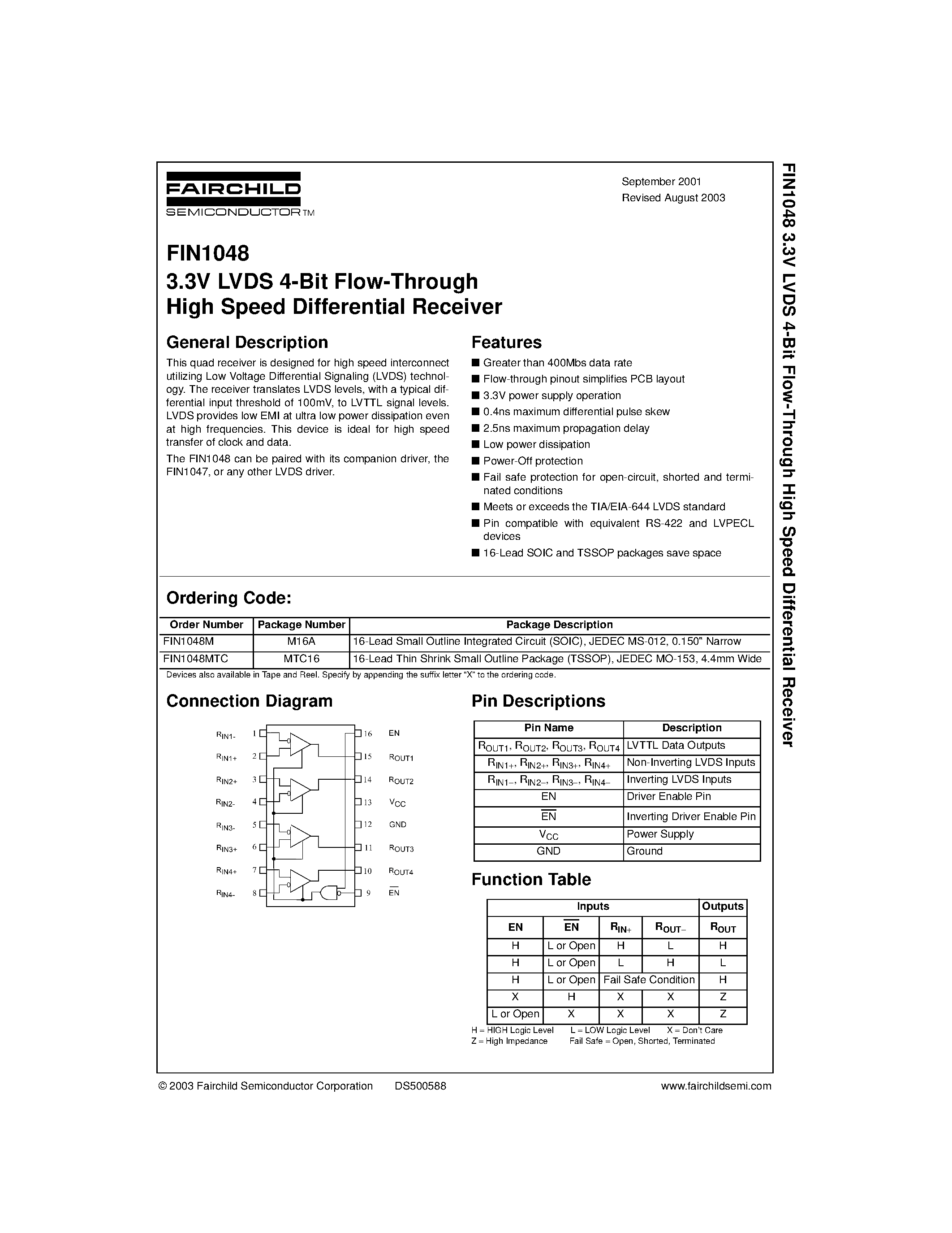 Datasheet FIN1048 - 3.3V LVDS 4-Bit Flow-Through High Speed Differential Receiver page 1