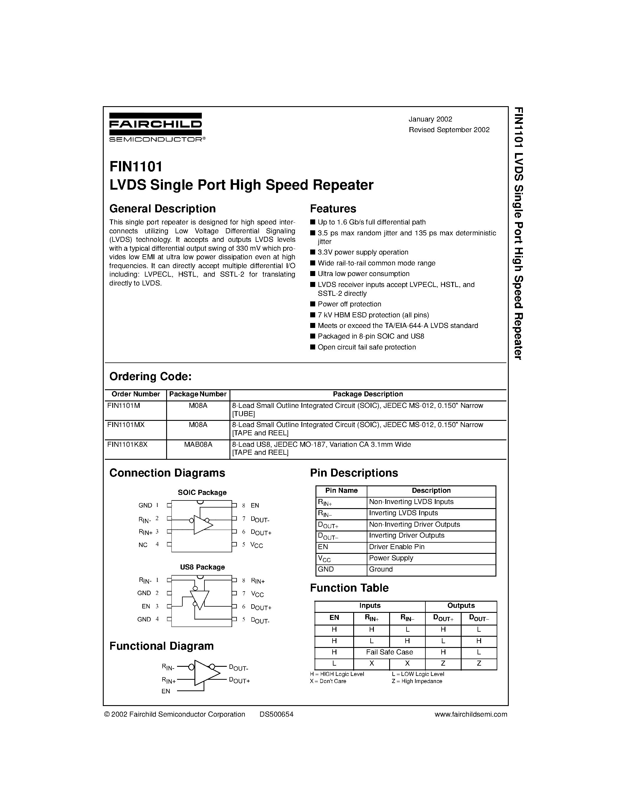 Datasheet FIN1101K8X - LVDS Single Port High Speed Repeater page 1