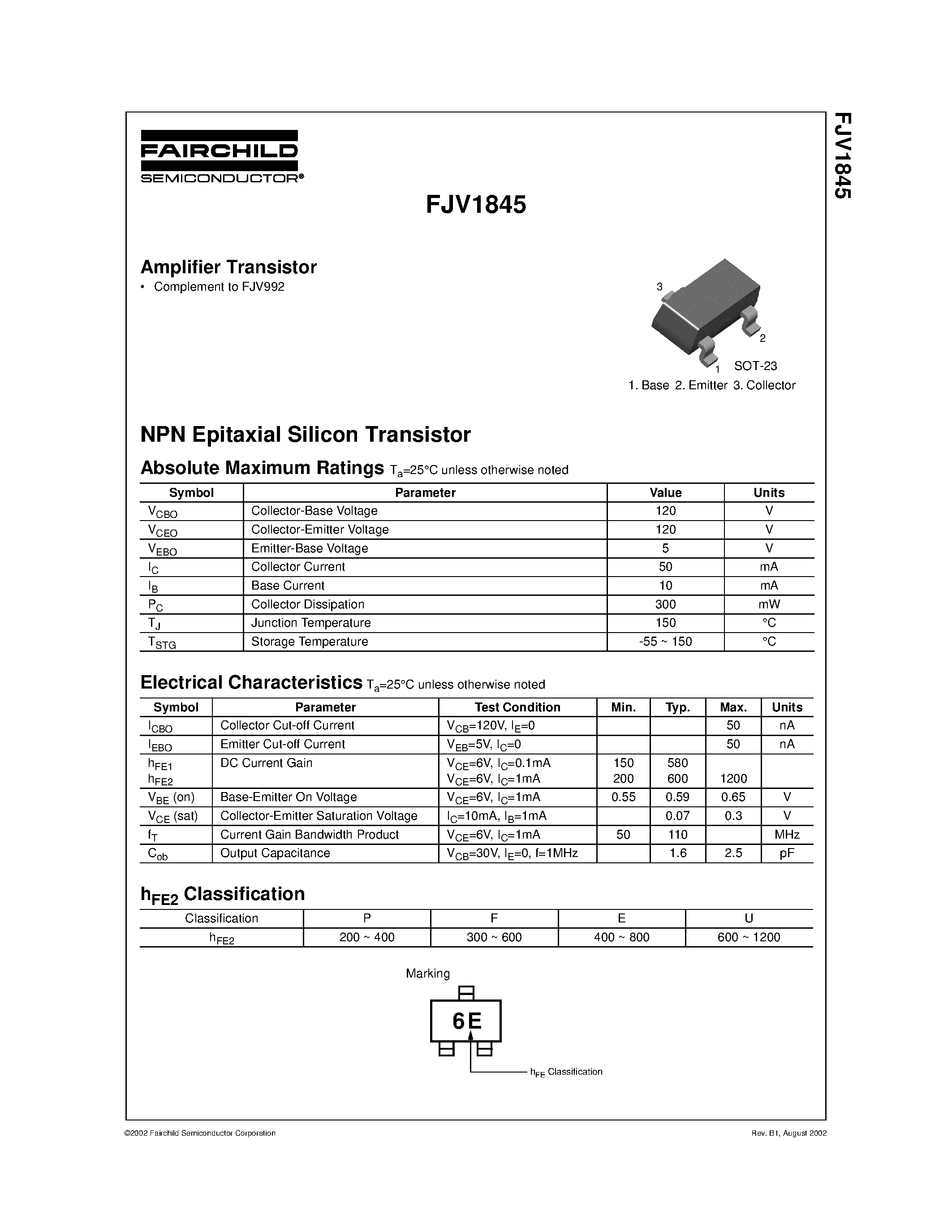 Даташит FJV1845 - NPN Epitaxial Silicon Transistor страница 1