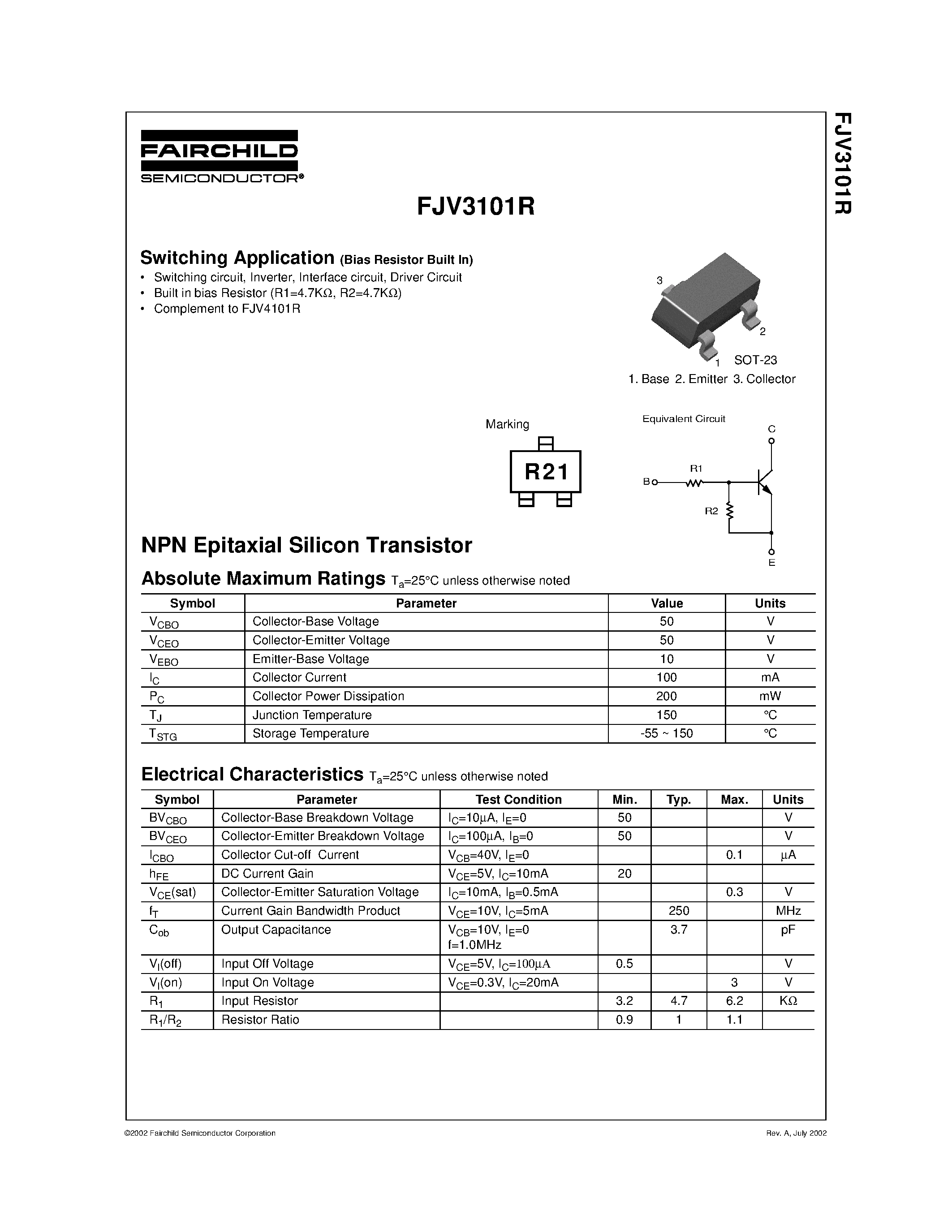 Datasheet FJV3101 - NPN Epitaxial Silicon Transistor page 1
