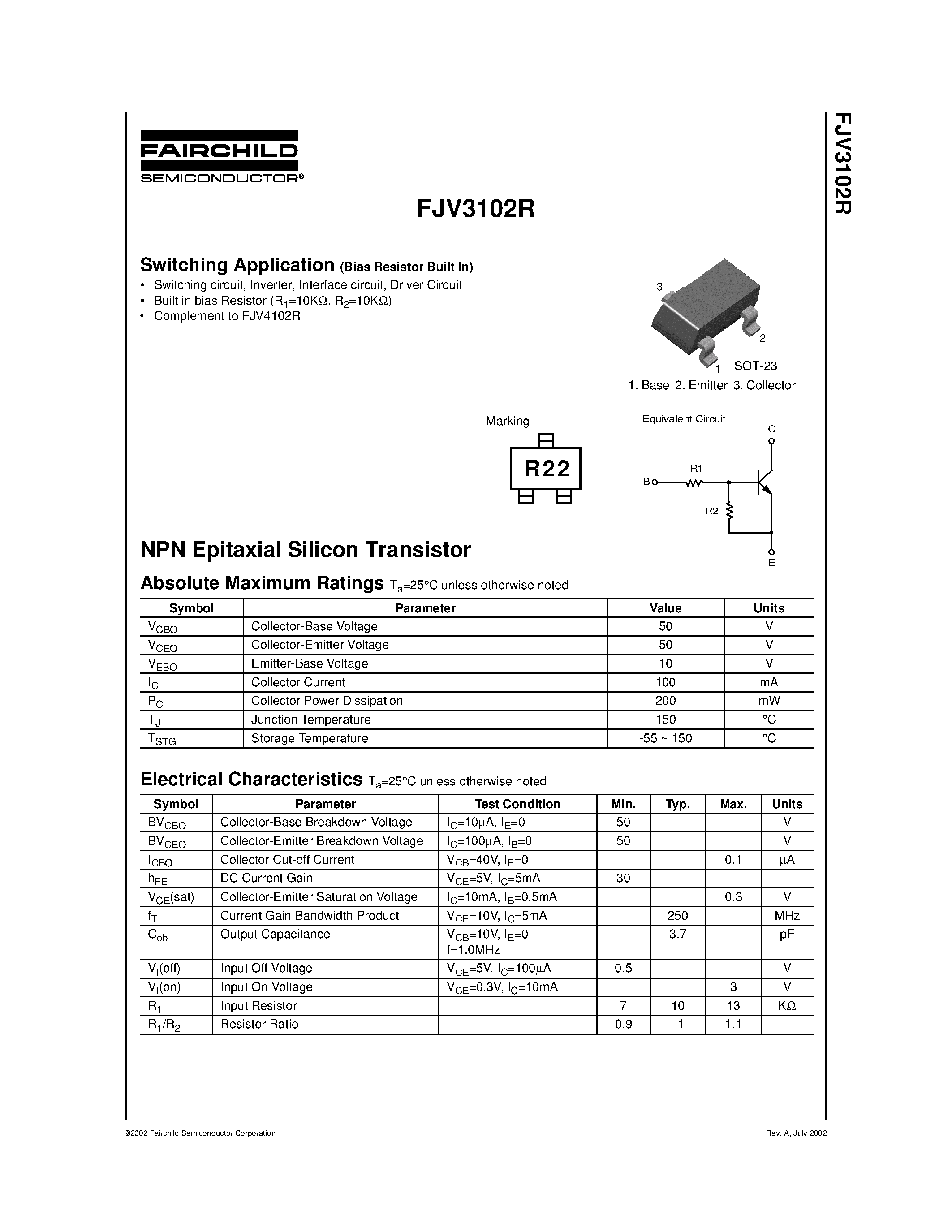 Datasheet FJV3102R - NPN Epitaxial Silicon Transistor page 1
