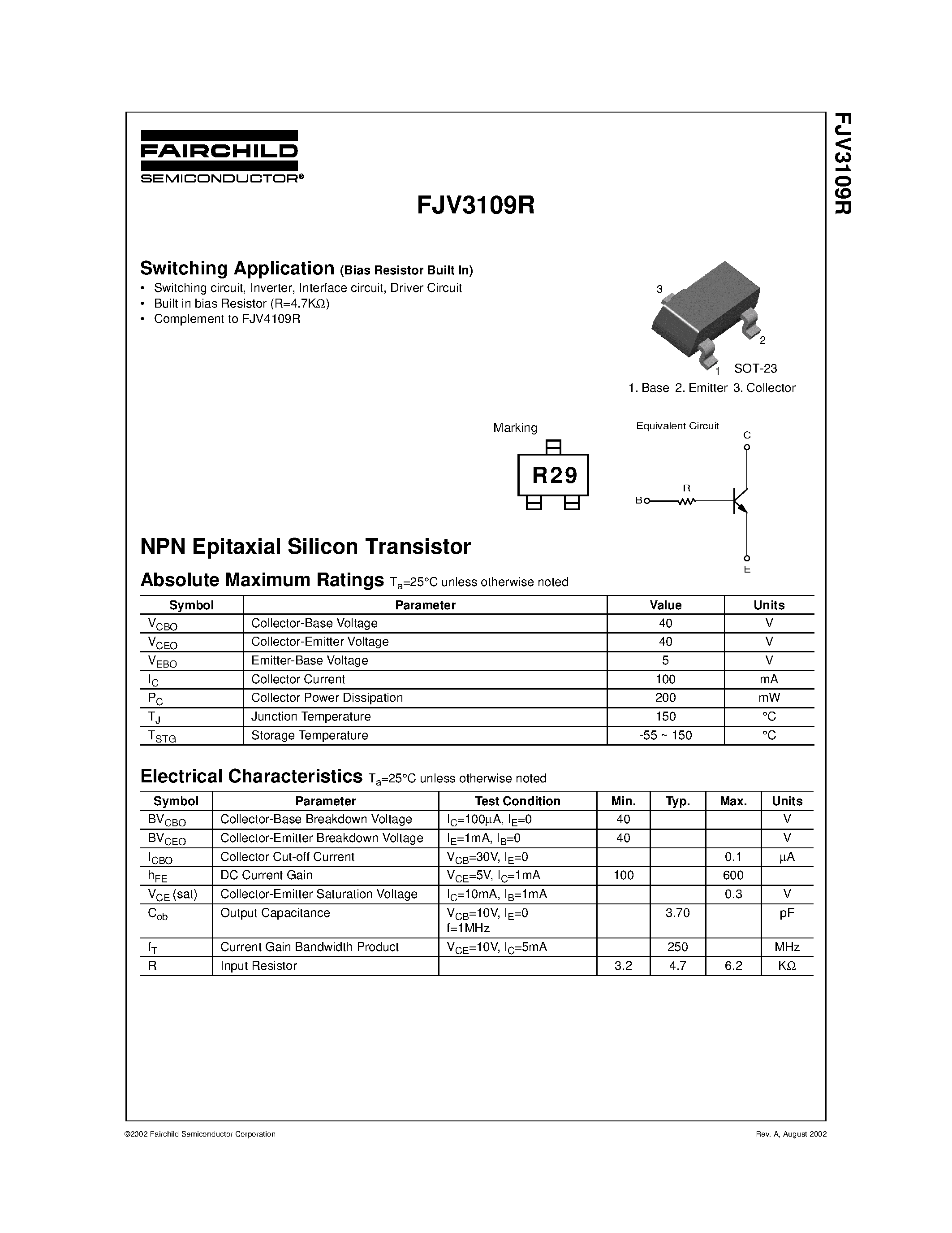 Даташит FJV3109R - NPN Epitaxial Silicon Transistor страница 1