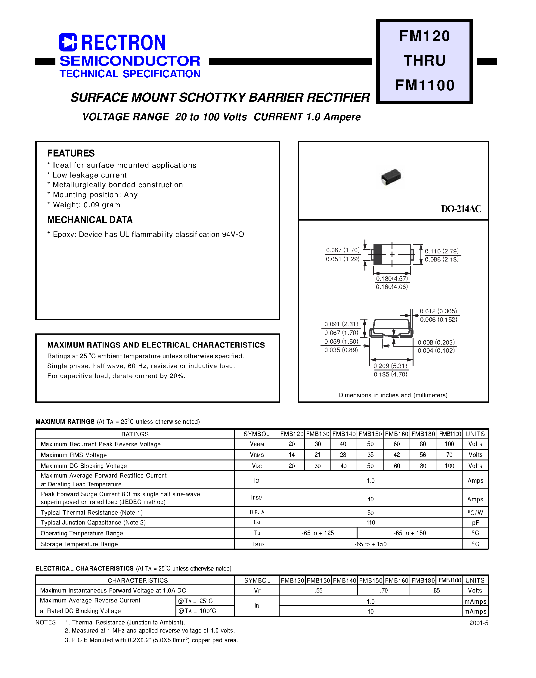 Даташит FM120 - SURFACE MOUNT SCHOTTKY BARRIER RECTIFIER (VOLTAGE RANGE 20 to 100 Volts CURRENT 1.0 Ampere) страница 1