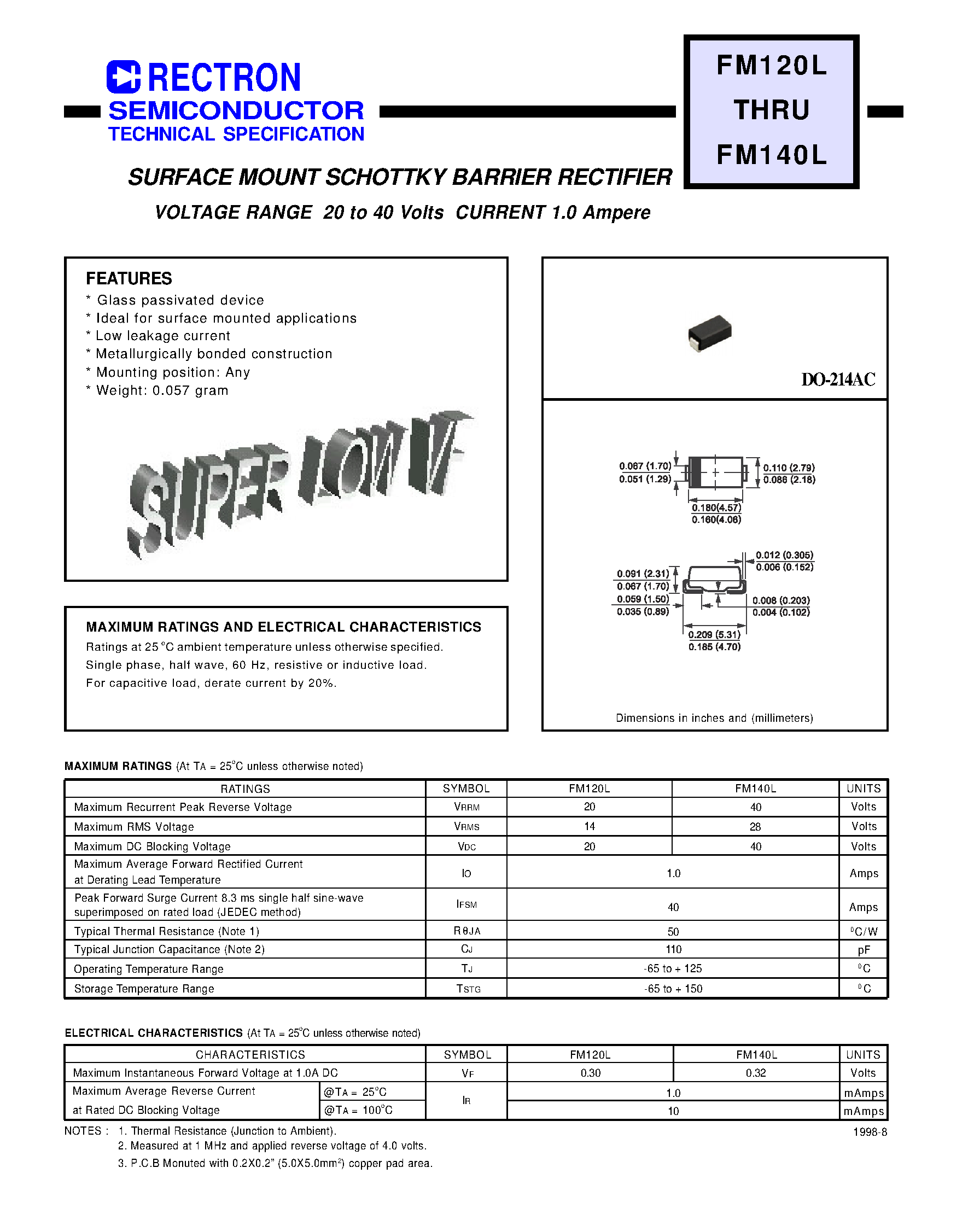 Даташит FM120L - SURFACE MOUNT SCHOTTKY BARRIER RECTIFIER (VOLTAGE RANGE 20 to 40 Volts CURRENT 1.0 Ampere) страница 1