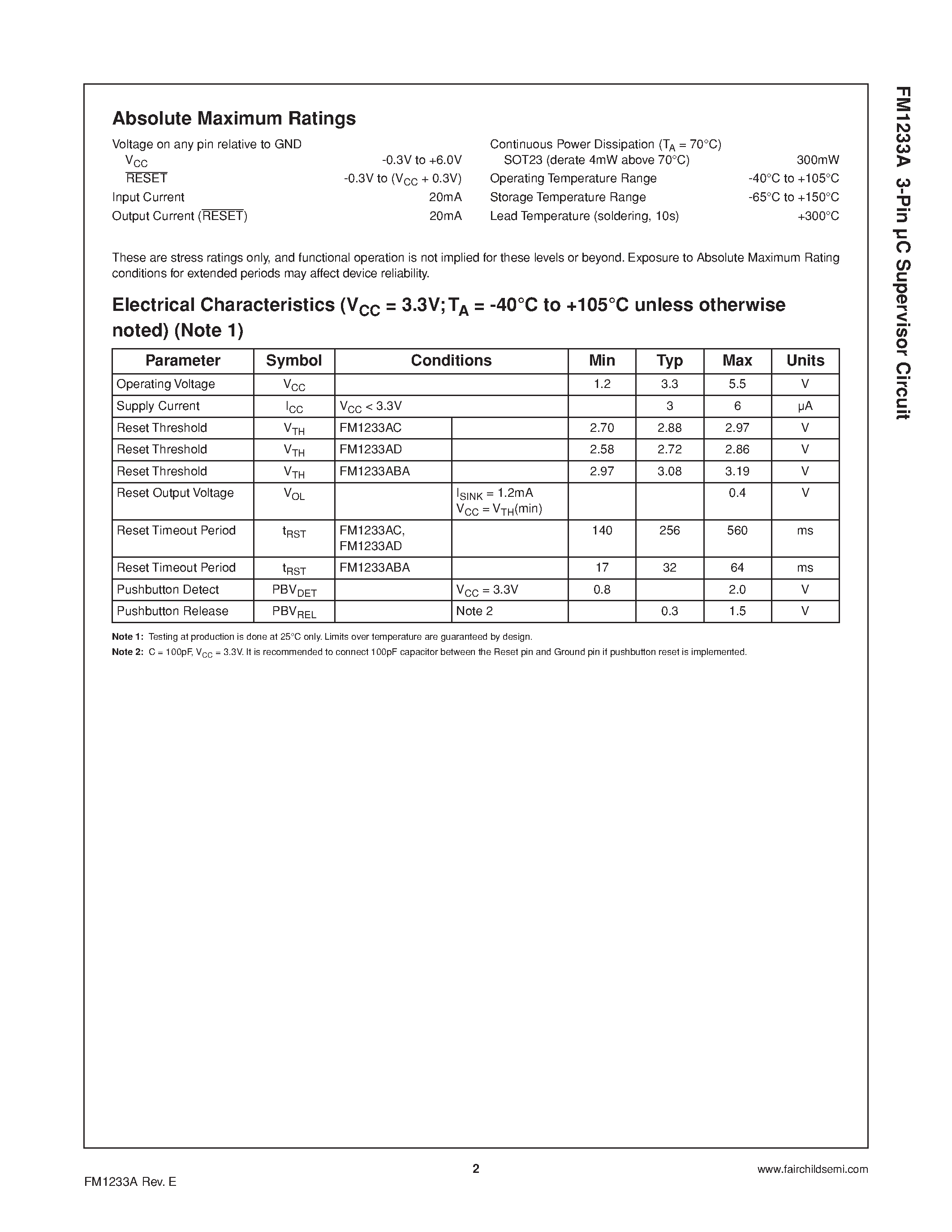 Datasheet FM1233A - 3-Pin C Supervisor Circuit page 2