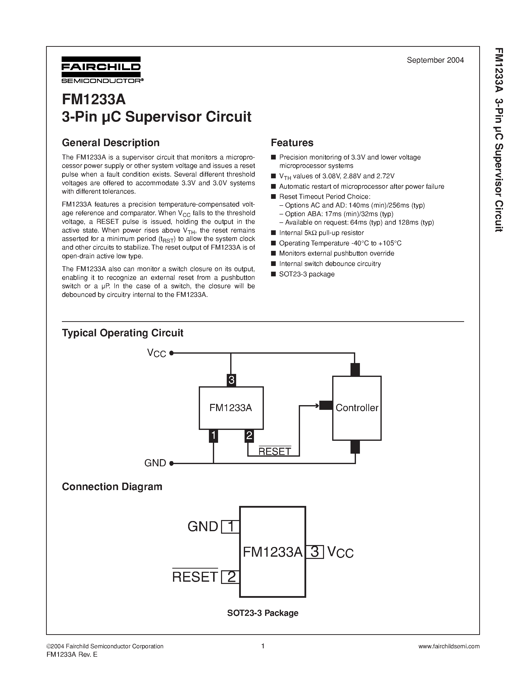 Даташит FM1233ADS3X - 3-Pin C Supervisor Circuit страница 1