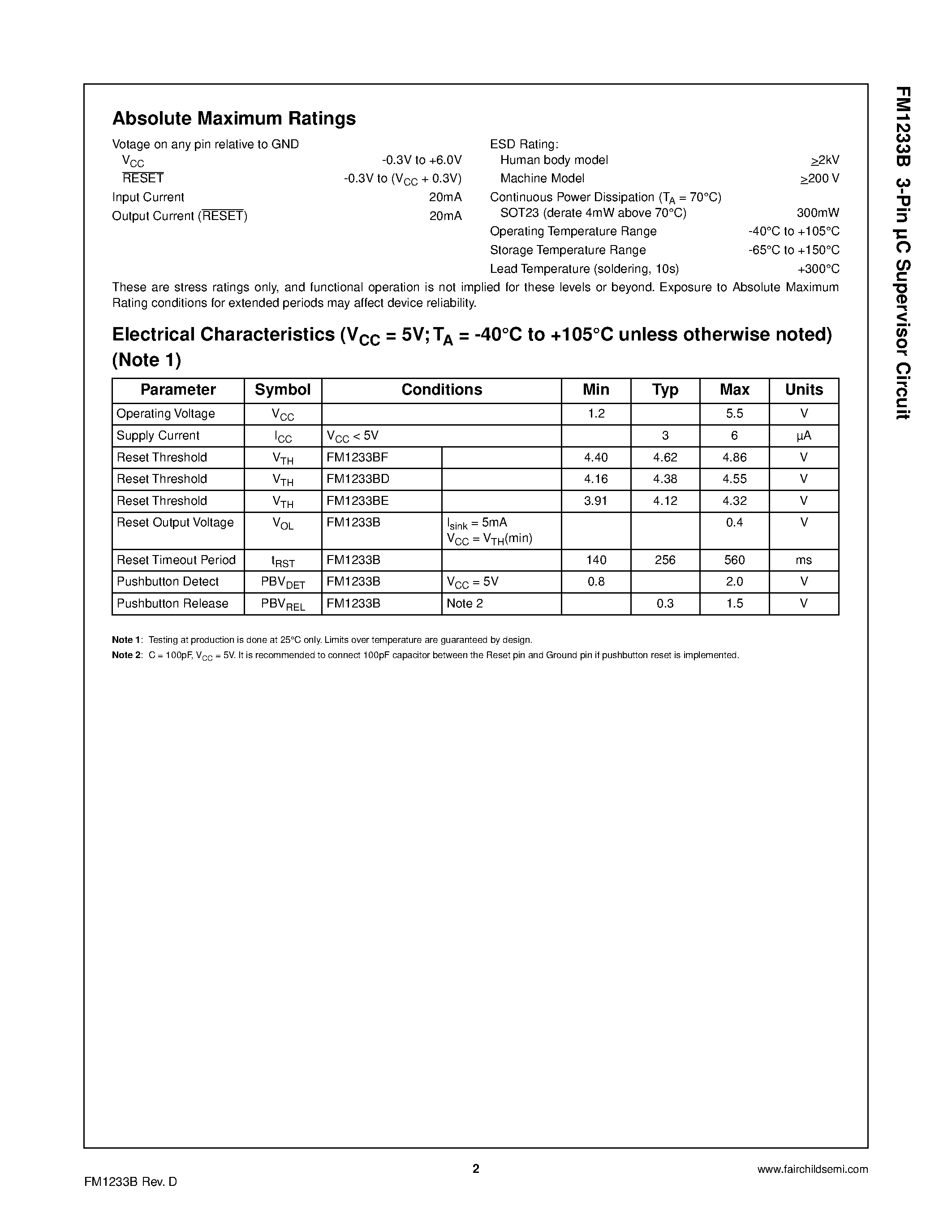 Datasheet FM1233B - 3-Pin C Supervisor Circuit page 2