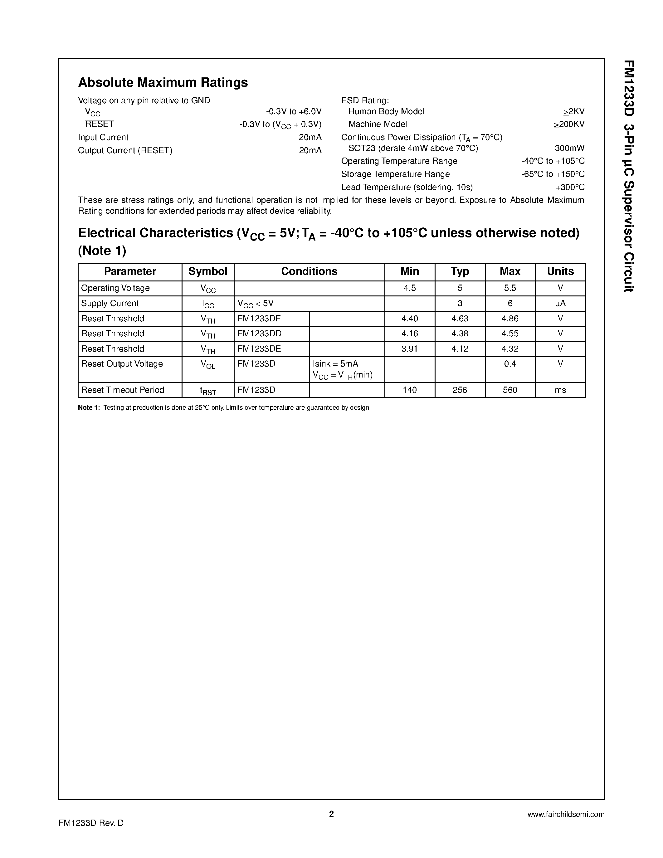 Datasheet FM1233D - 3-Pin C Supervisor Circuit page 2