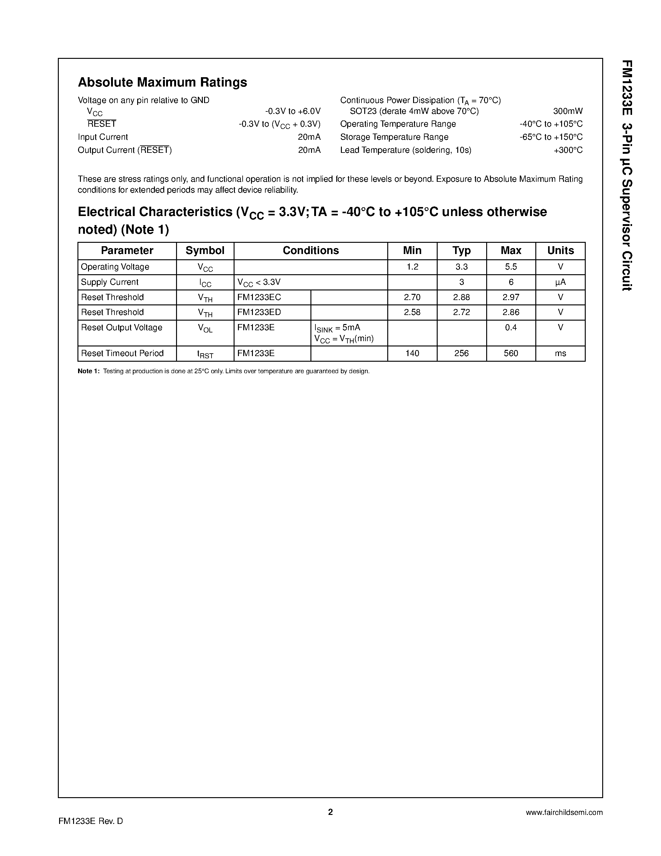 Datasheet FM1233E - 3-Pin C Supervisor Circuit page 2