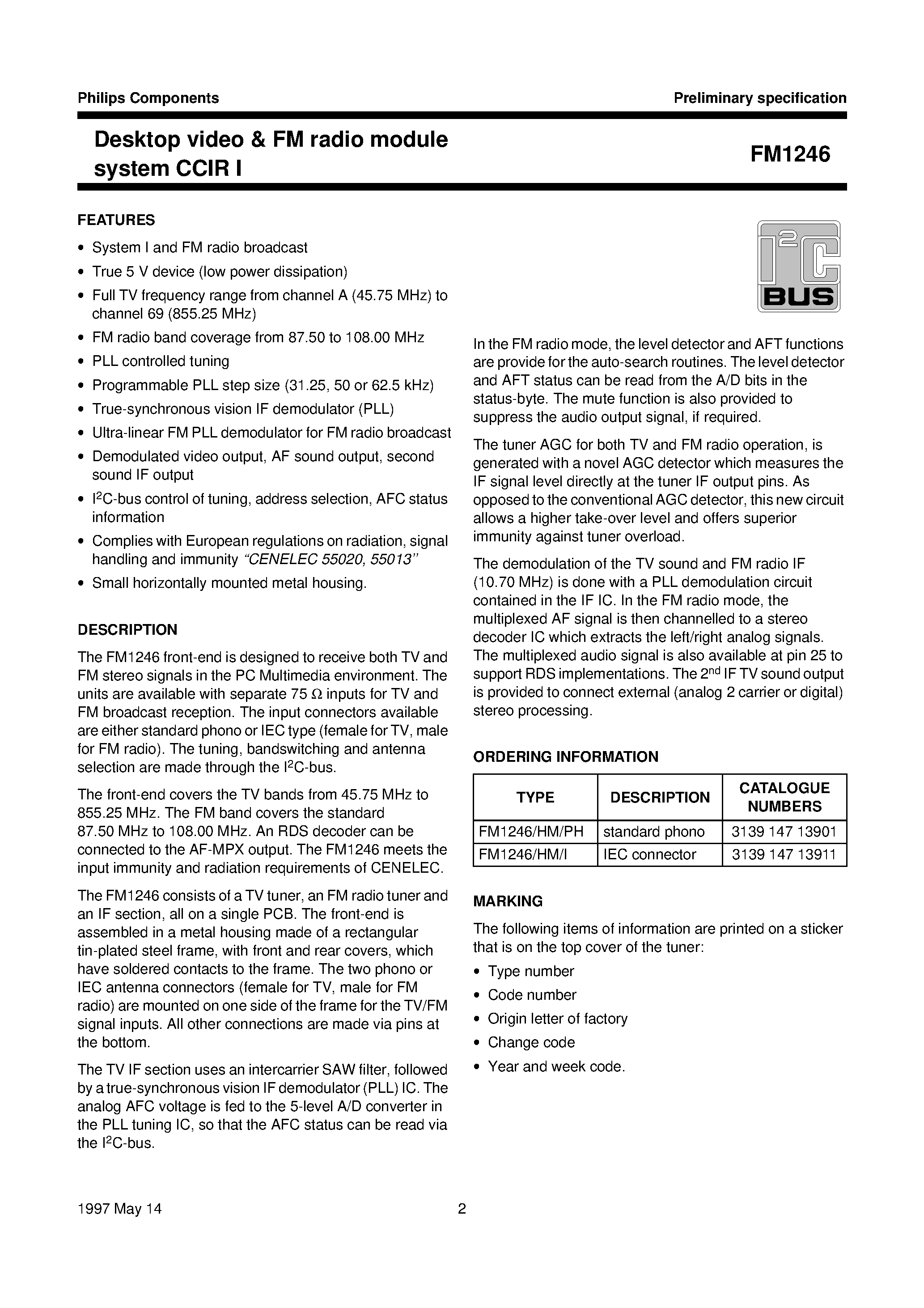 Datasheet FM1246 - Desktop video & FM radio module system CCIR I page 2