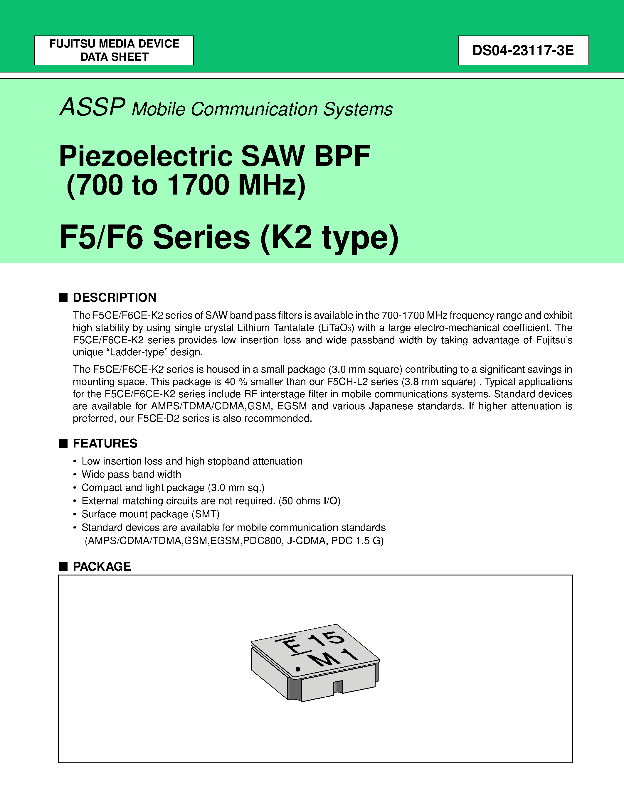 Datasheet FAR-F6CE-1G9600-L2XK-U - Piezoelectric SAW BPF (1000 to 2500 MHz) page 1
