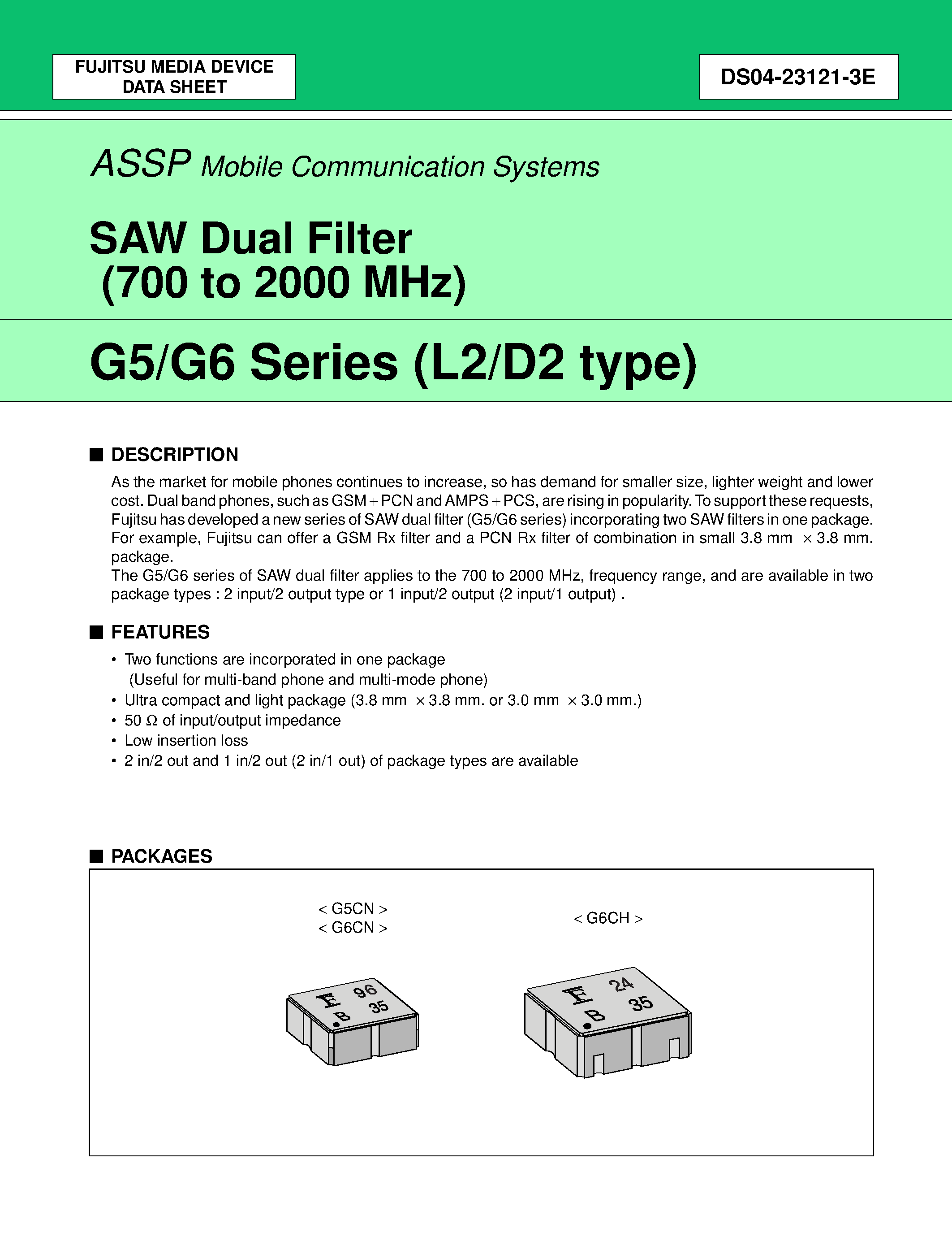 Datasheet FAR-G5CN-942M50-D296-U - SAW Dual Filter (700 to 2000 MHz) page 1