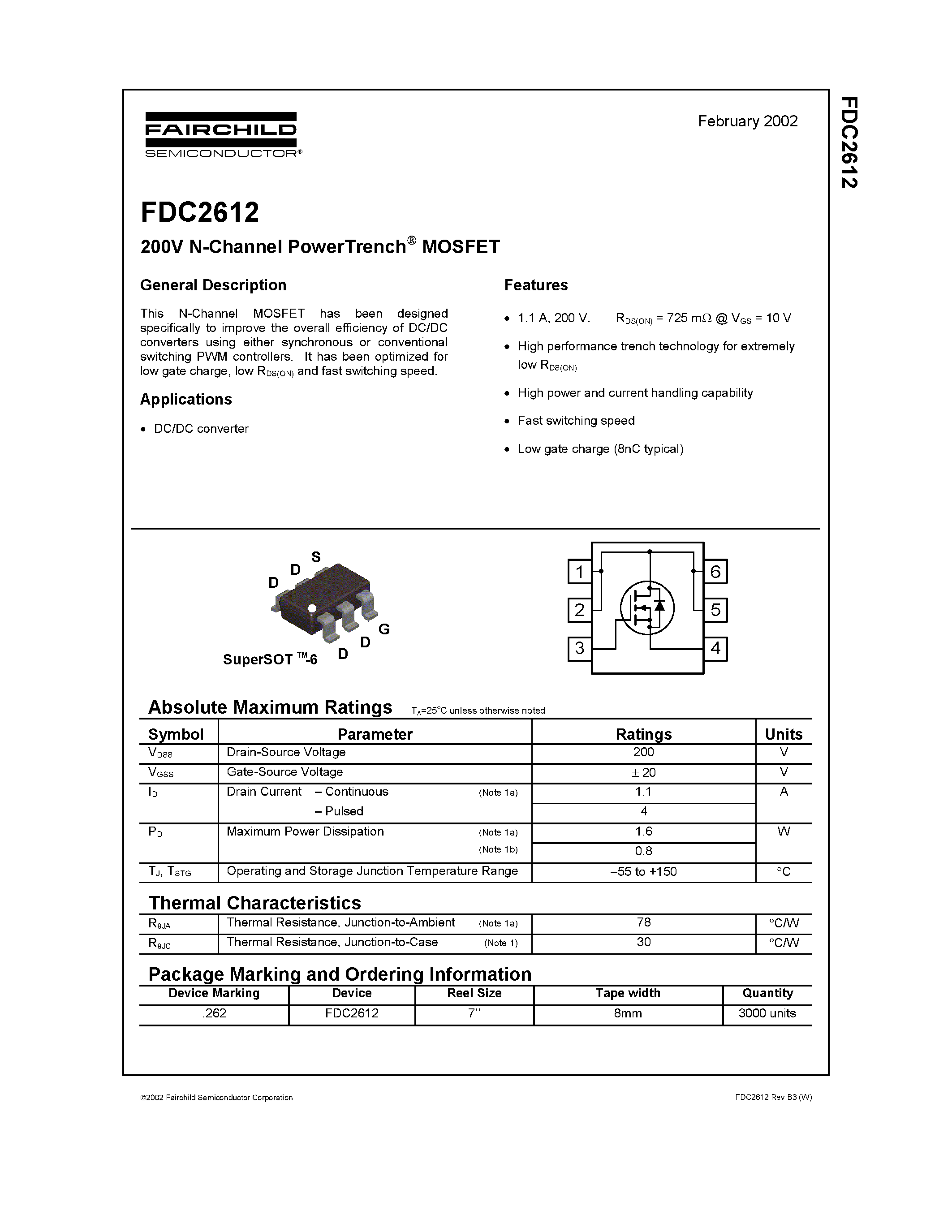 Datasheet FDC2612 - 200V N-Channel PowerTrench MOSFET page 1