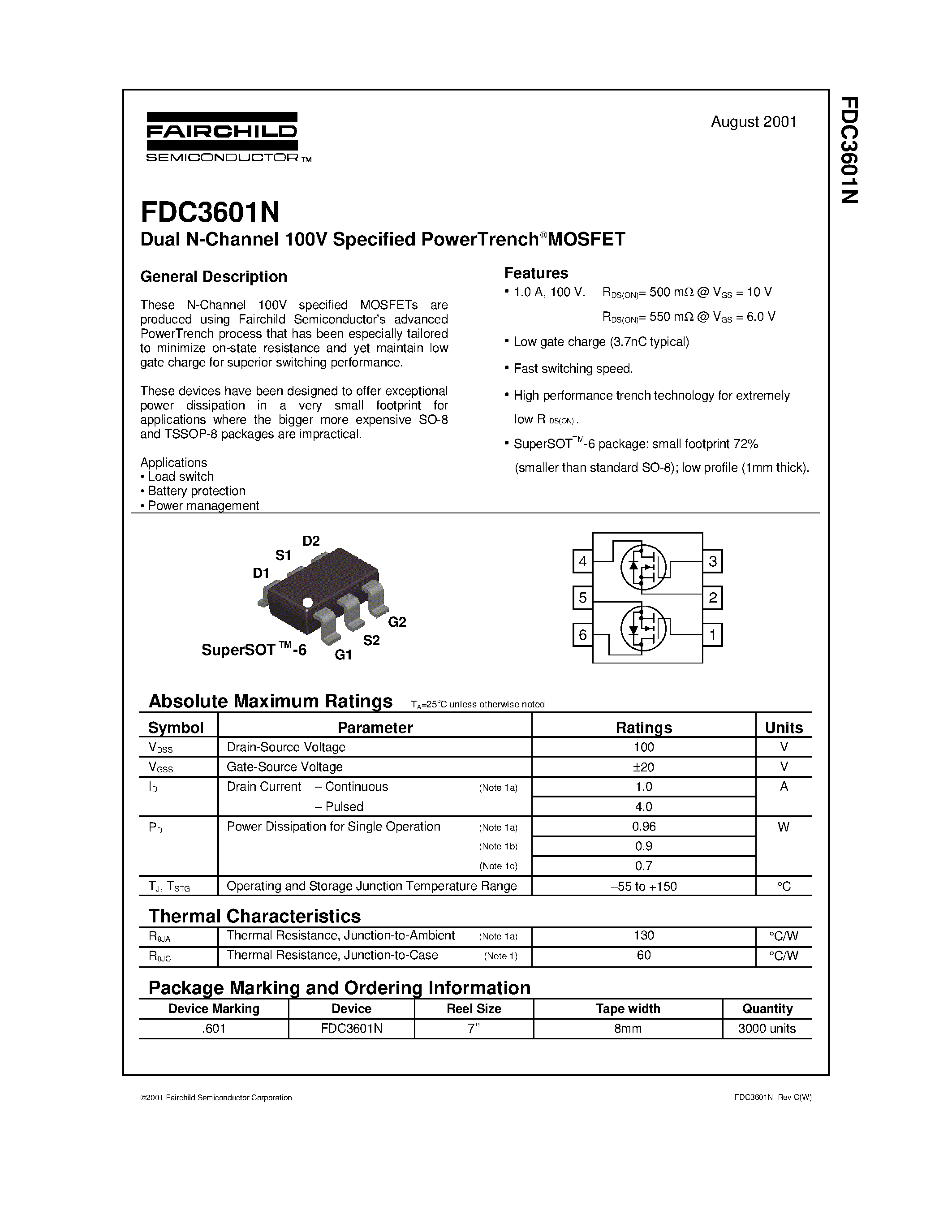 Datasheet FDC3601N - Dual N-Channel 100V Specified PowerTrench MOSFET page 1