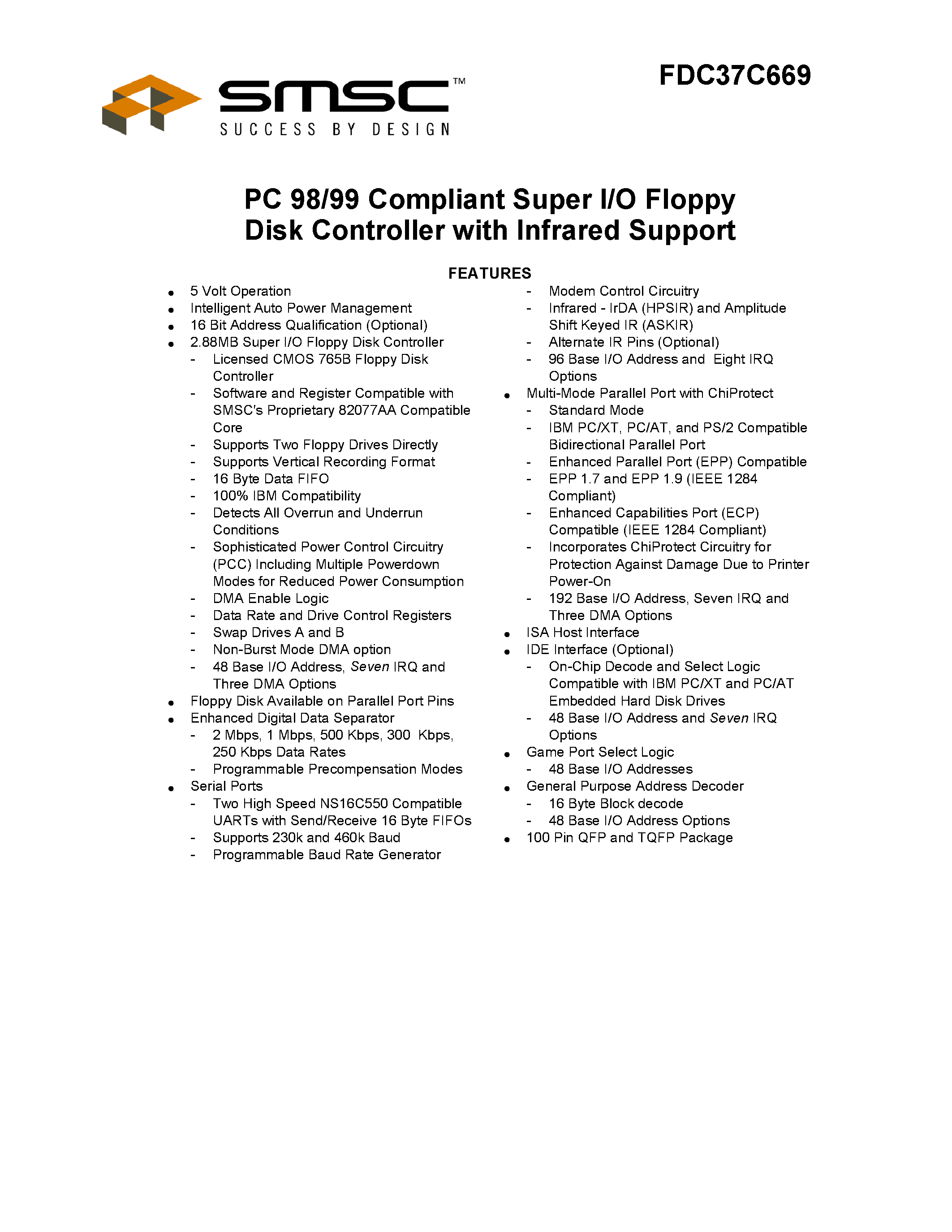 Datasheet FDC37C669 - PC 98/99 COMPLIANT SUPER I/O FLOPPY DISK CONTROLLER WITH INFRARED SUPPORT page 1