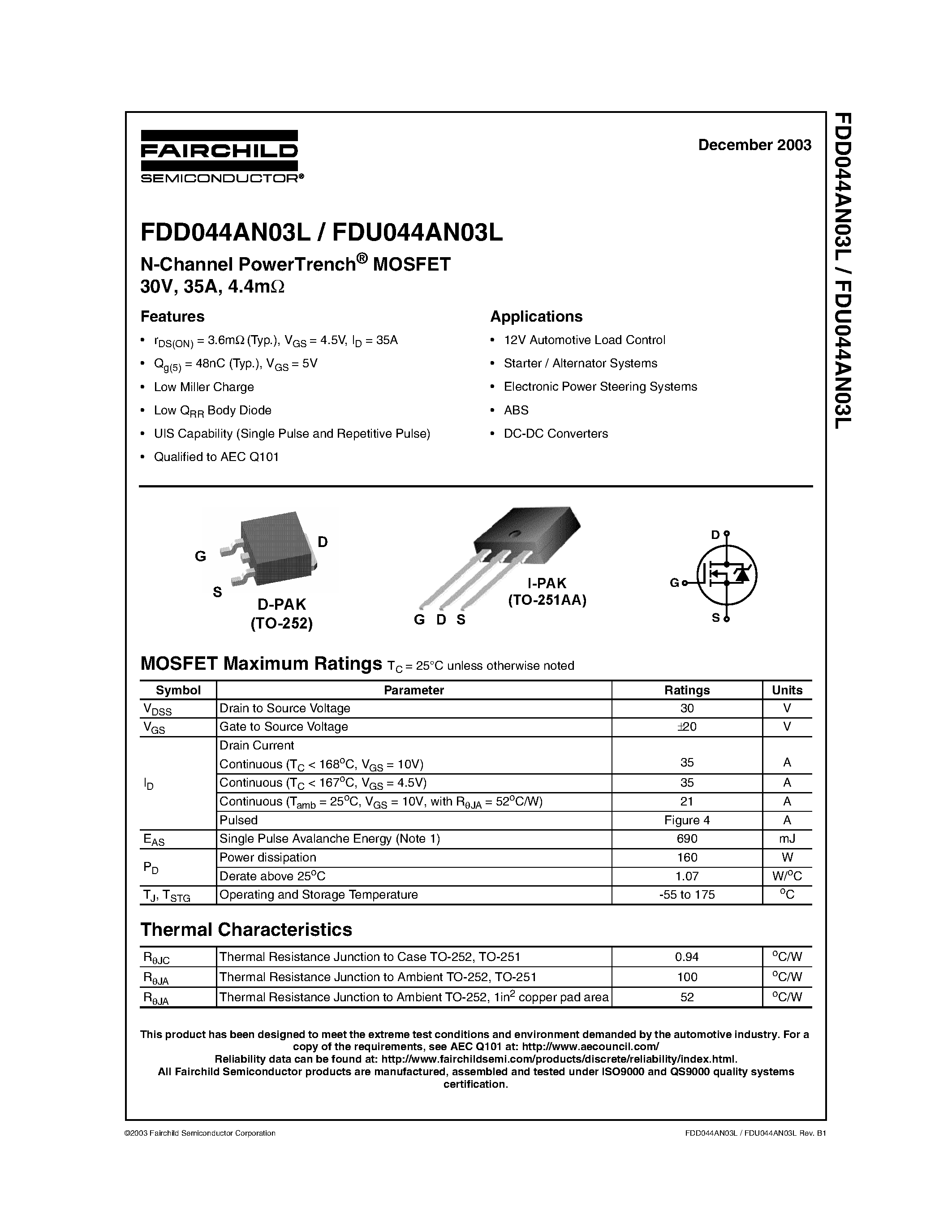 Datasheet FDD044AN03L - N-Channel PowerTrench MOSFET page 1