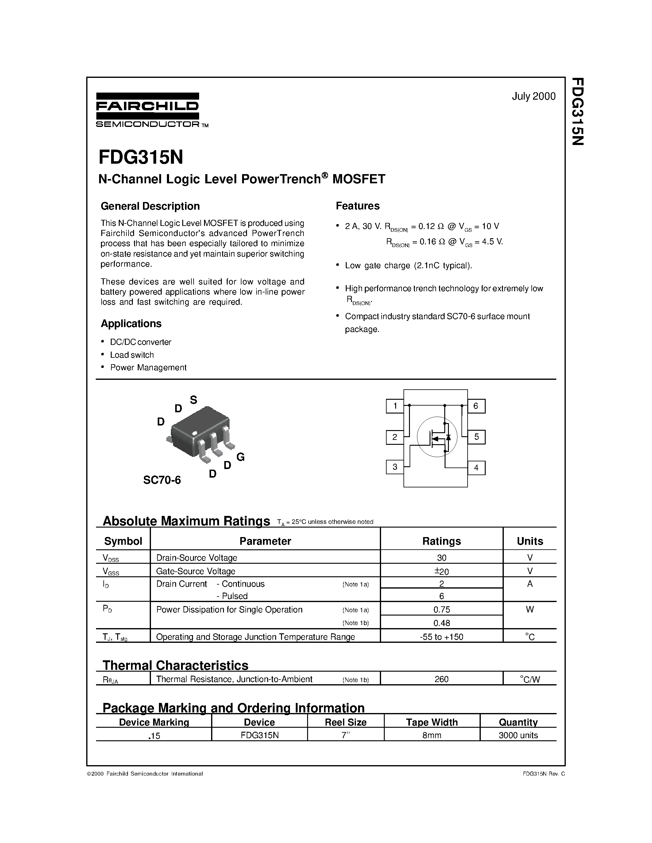 Datasheet FDG315 - N-Channel Logic Level PowerTrench MOSFET page 1