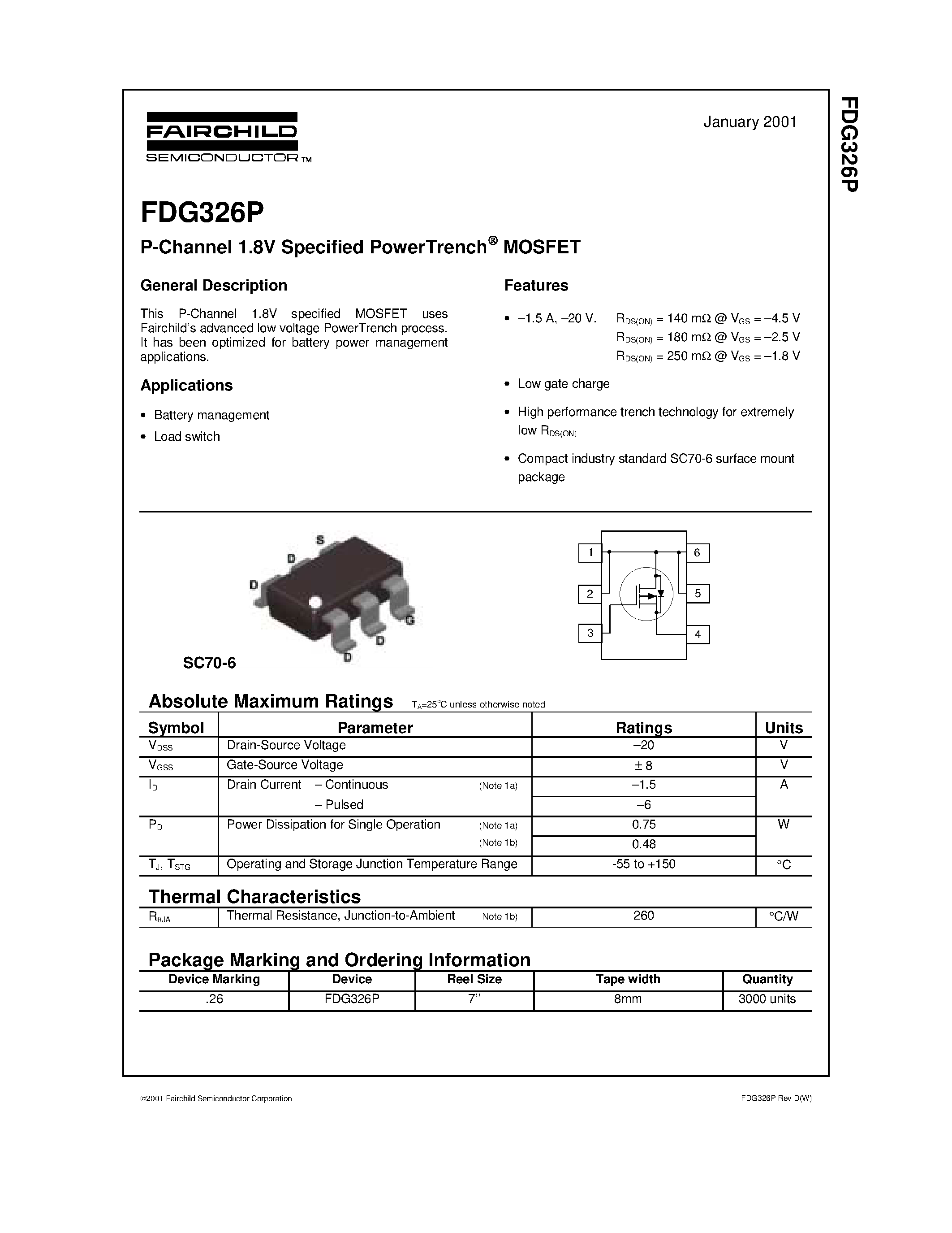 Даташит FDG326 - P-Channel 1.8V Specified PowerTrench MOSFET страница 1
