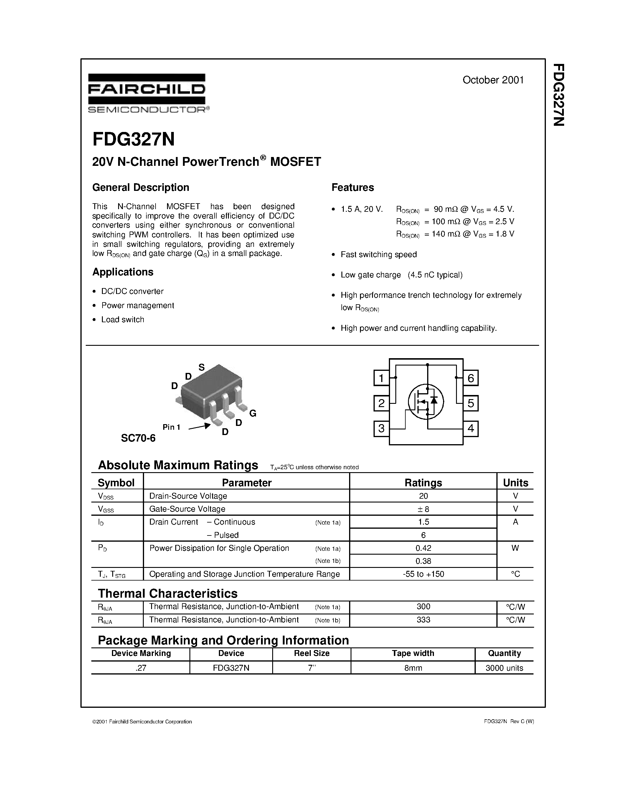 Даташит FDG327N - 20V N-Channel PowerTrench MOSFET страница 1