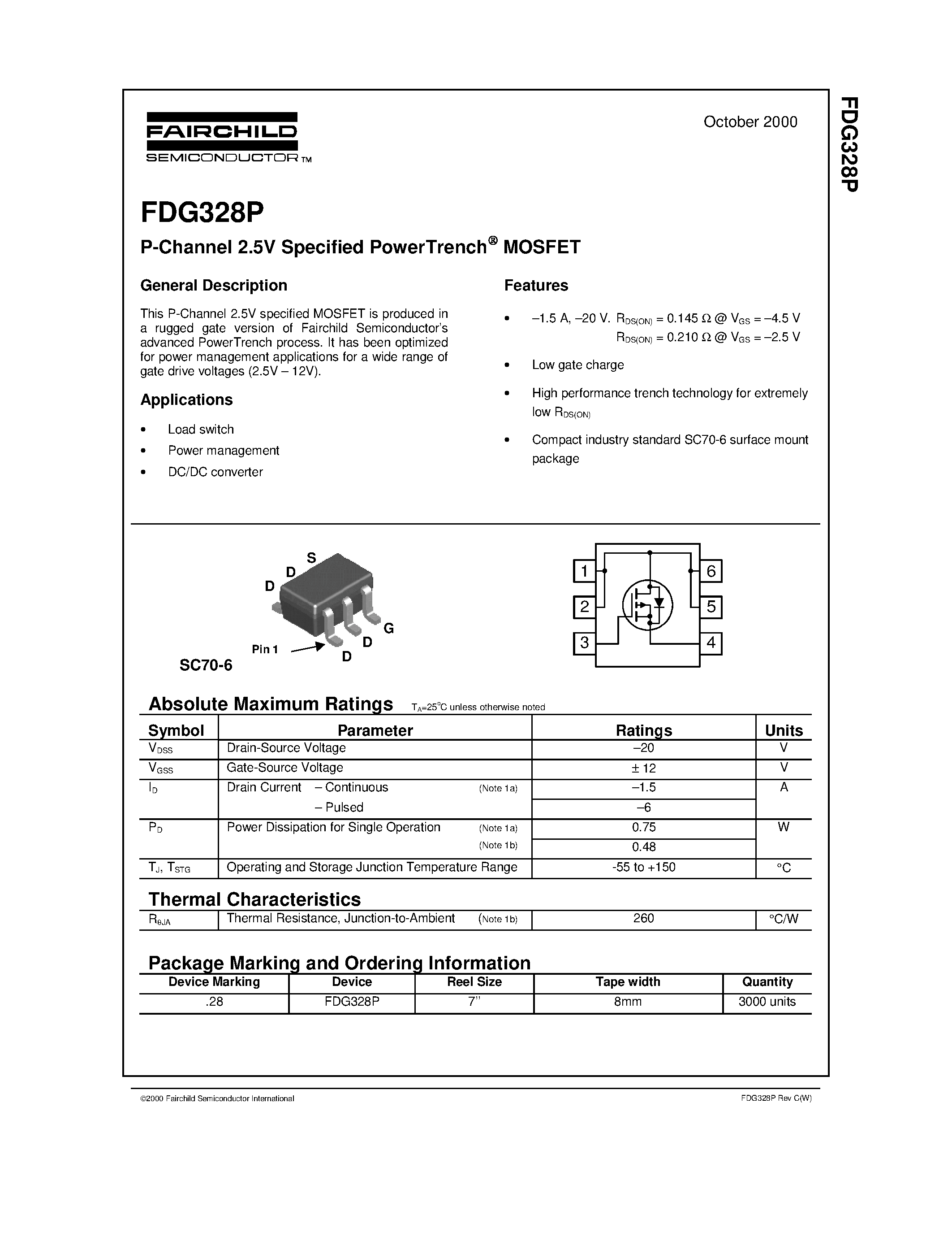 Datasheet FDG328P - P-Channel 2.5V Specified PowerTrench MOSFET page 1