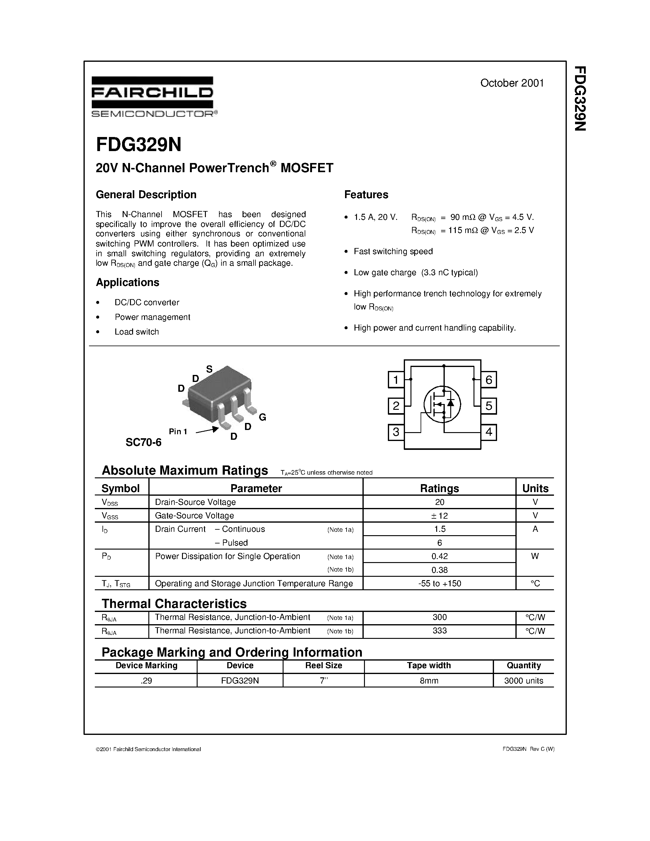 Datasheet FDG329N - 20V N-Channel PowerTrench MOSFET page 1