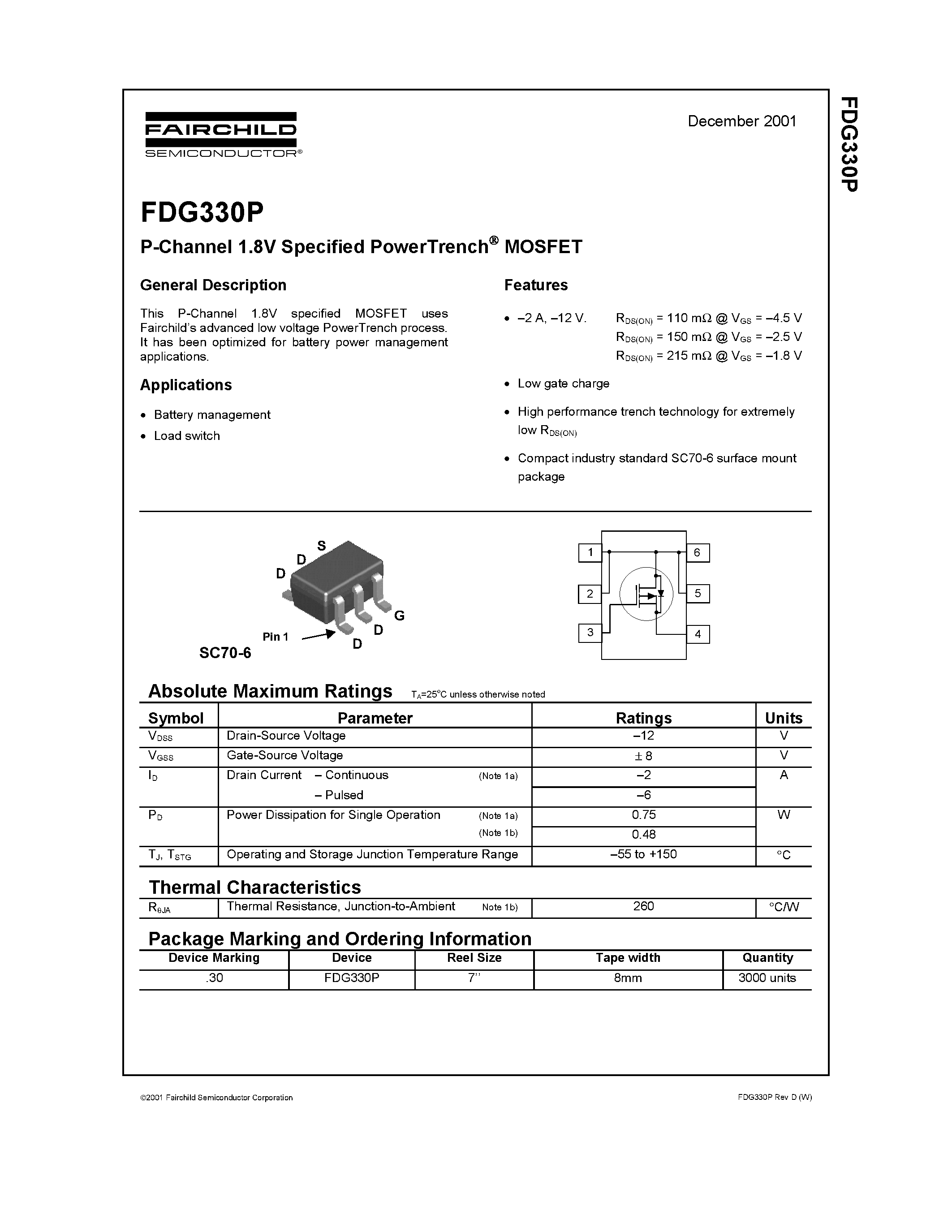 Даташит FDG330P - P-Channel 1.8V Specified PowerTrench MOSFET страница 1