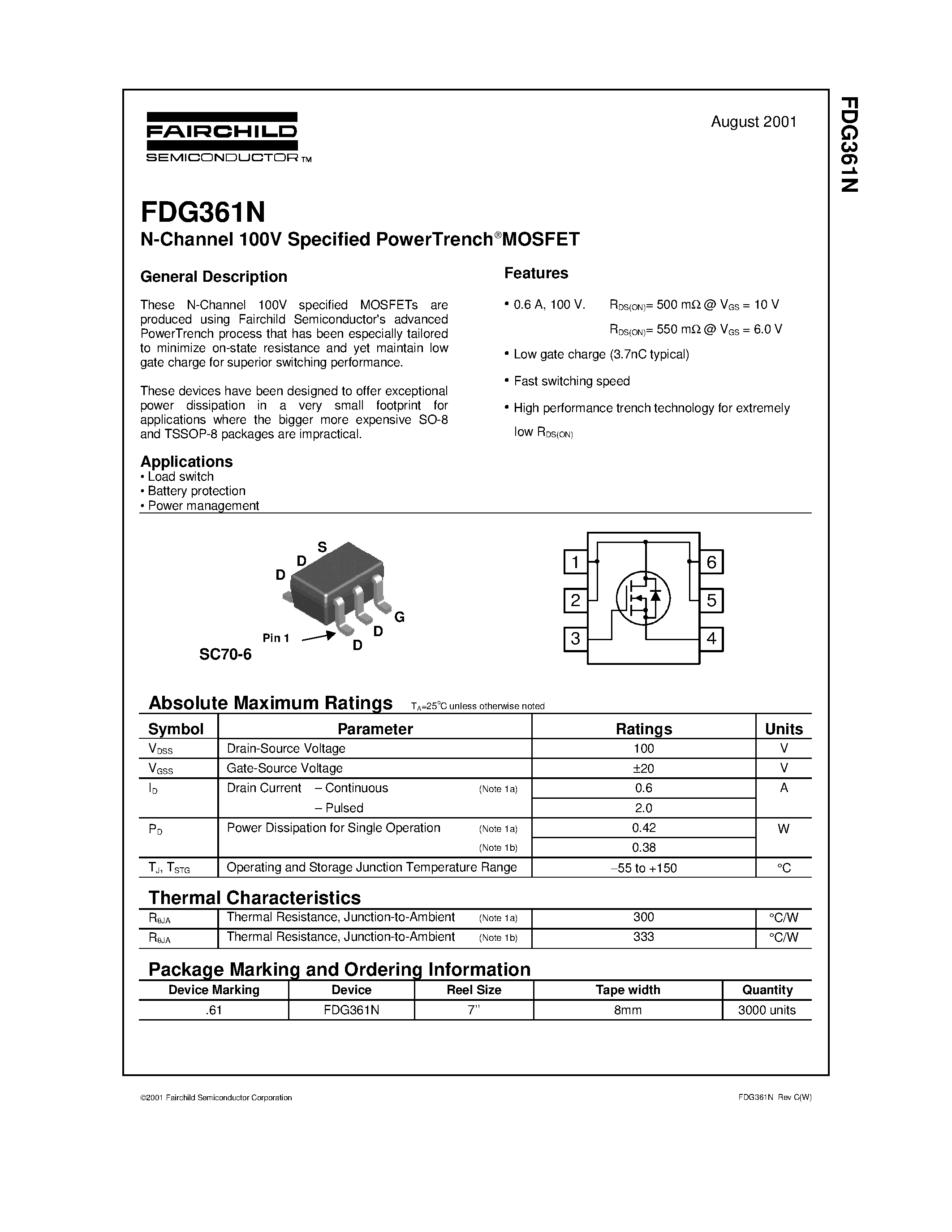 Datasheet FDG361N - N-Channel 100V Specified PowerTrenchMOSFET page 1