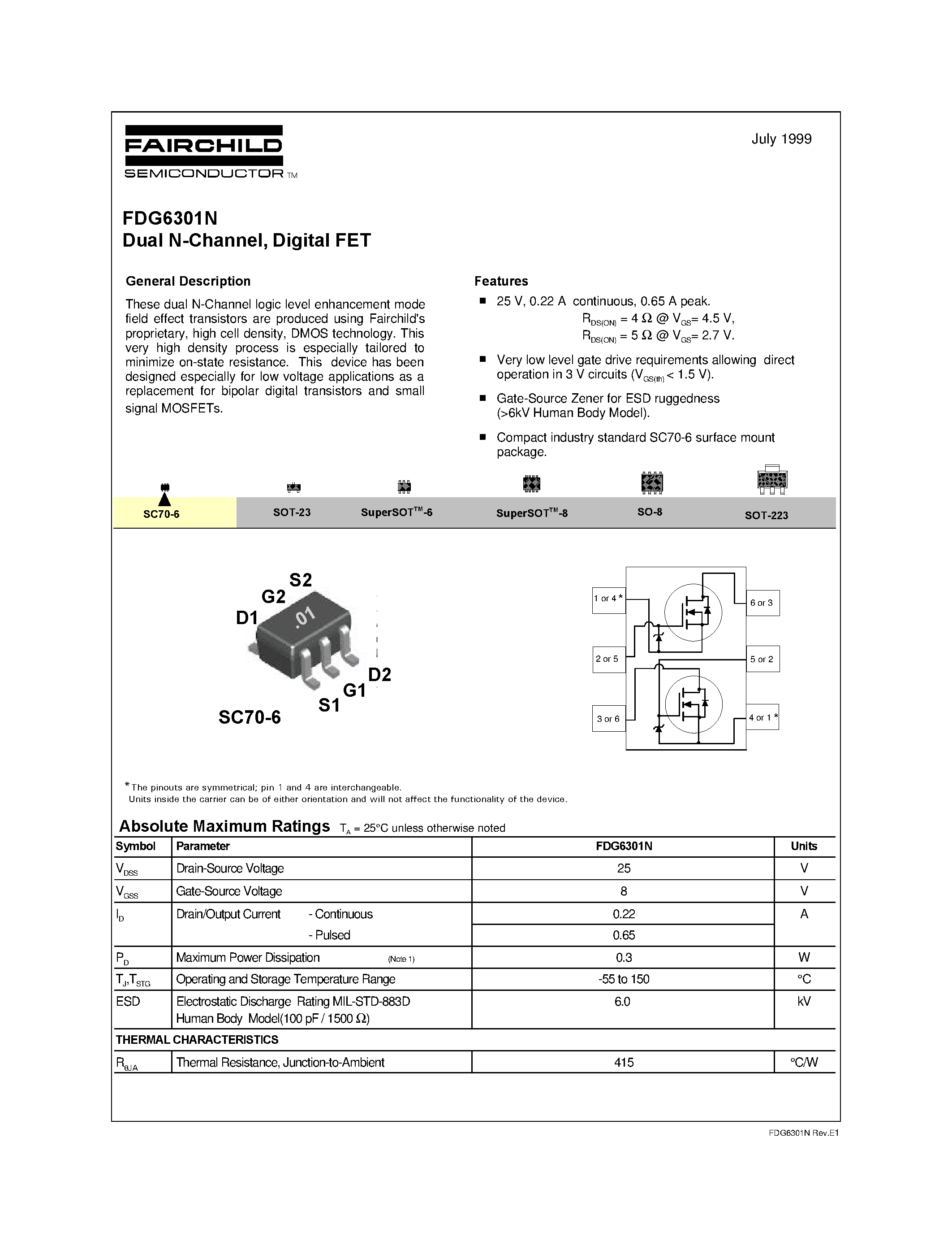 Datasheet FDG6301N - Dual N-Channel/ Digital FET page 1